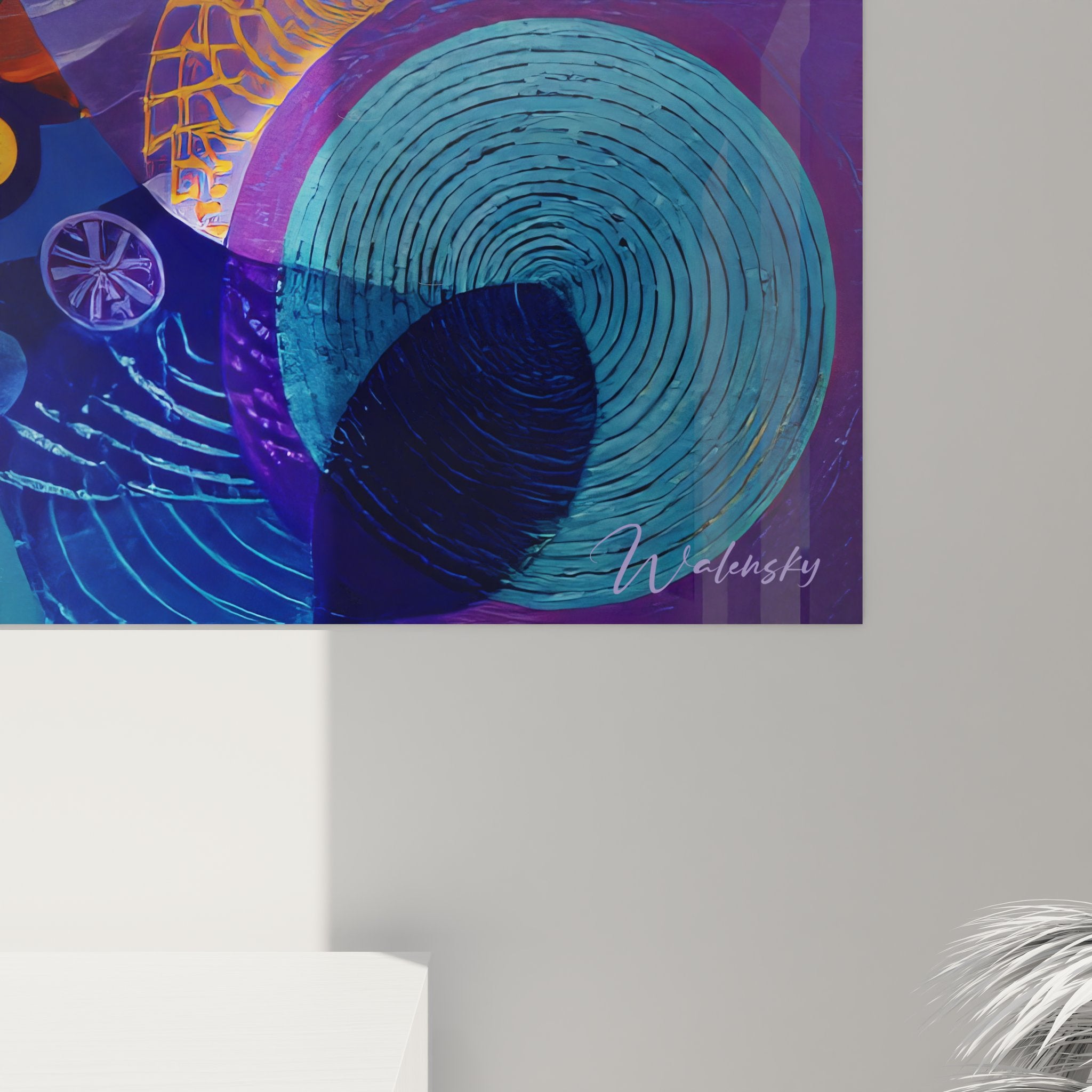 Vue ensemble tableau géométrique abstrait futuriste avec composition circulaire dynamique colorée