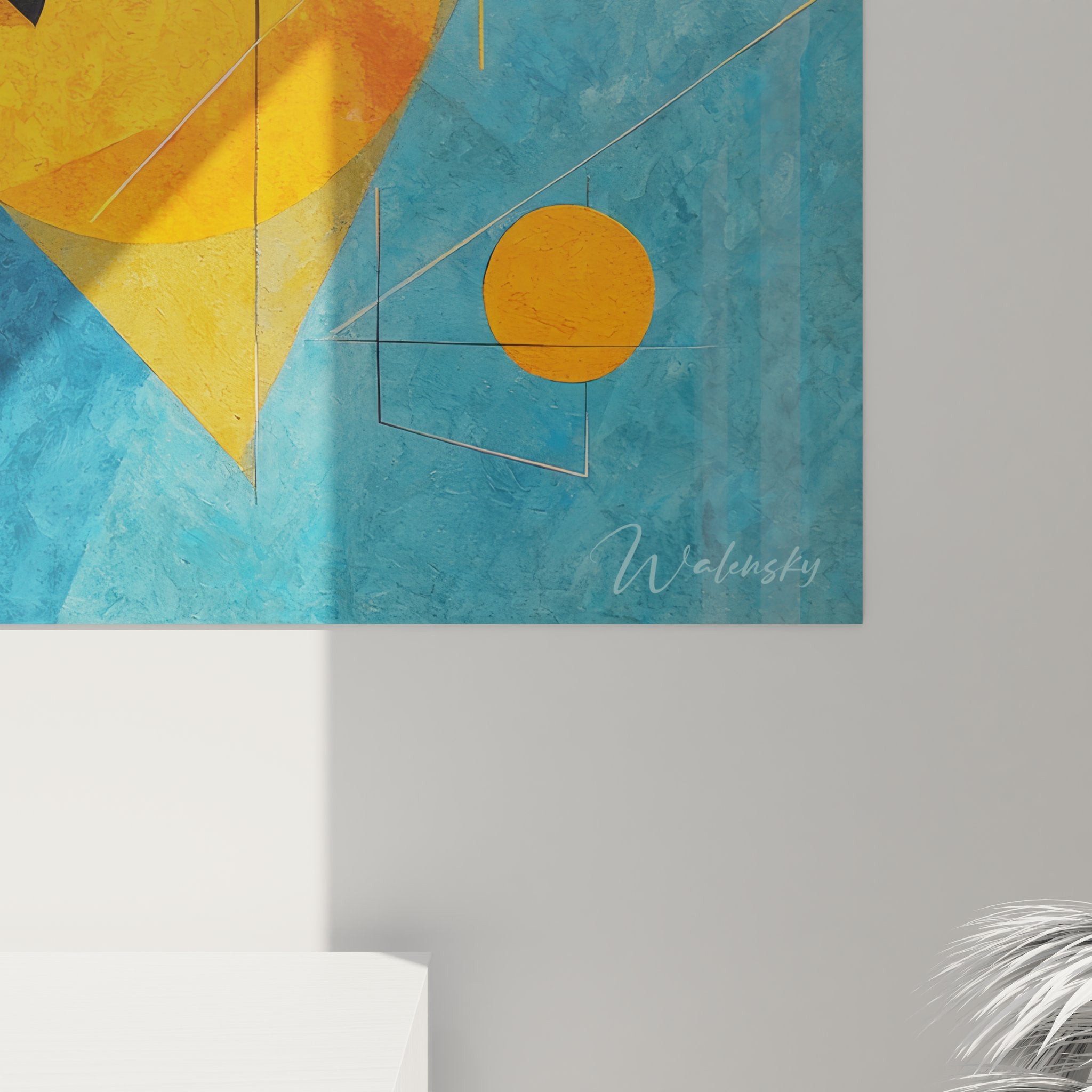 Vue ensemble tableau géométrique abstrait, œuvre d'art moderne aux formes colorées bleu orange