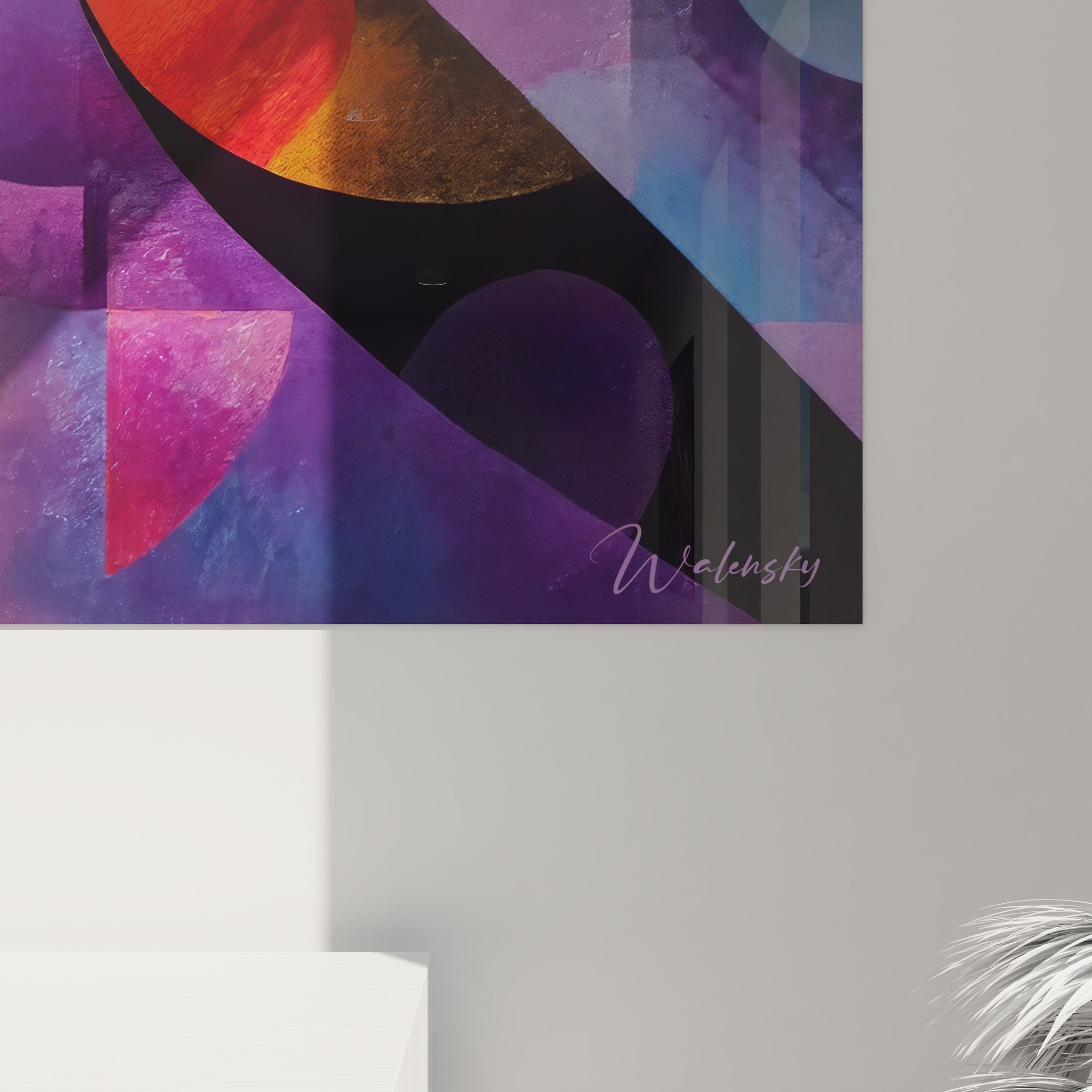 Vue d'ensemble tableau mural géométrique abstrait, composition cercles et triangles colorés moderne