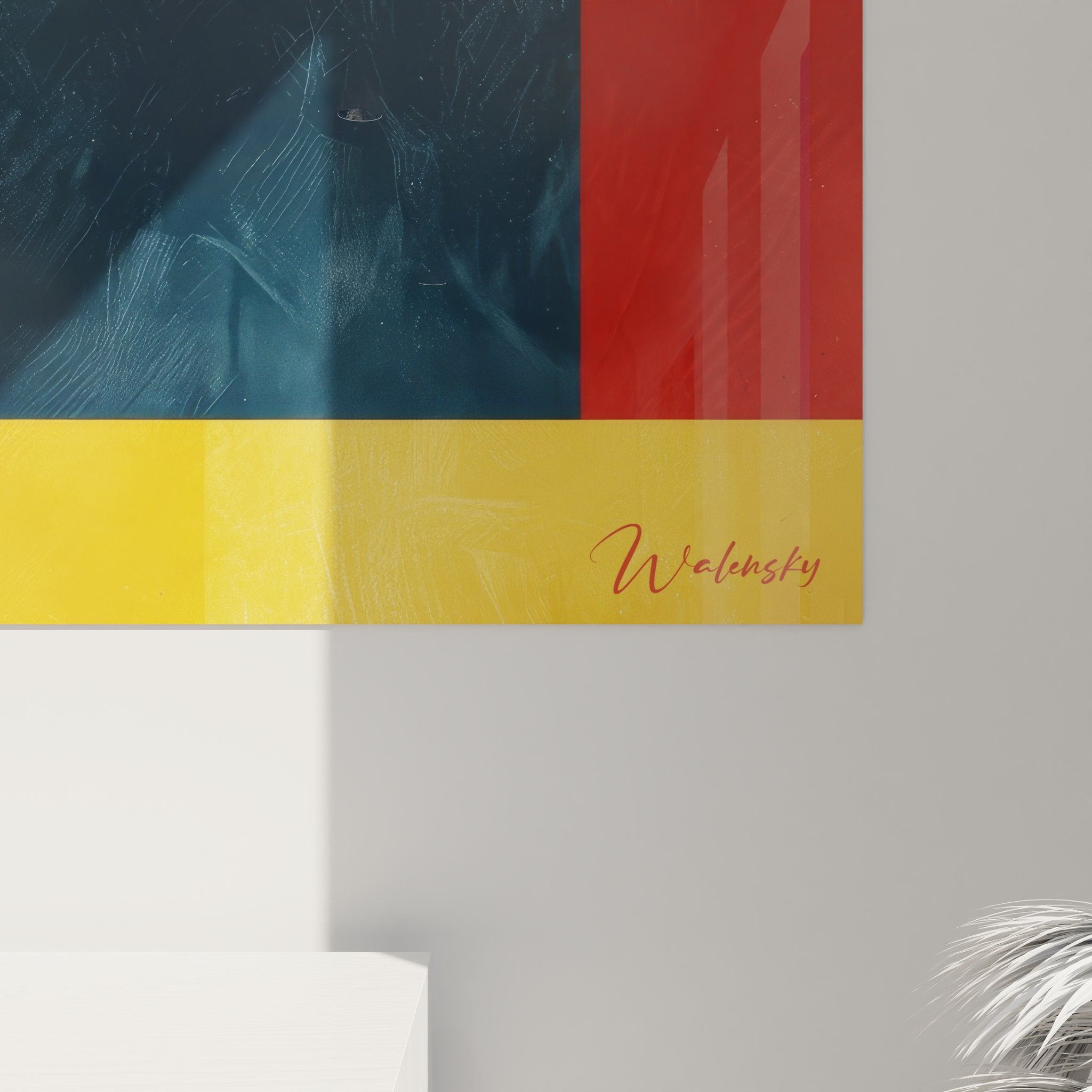 Vue d'ensemble tableau géométrique abstrait coloré avec motifs circulaires et rectangulaires modernes