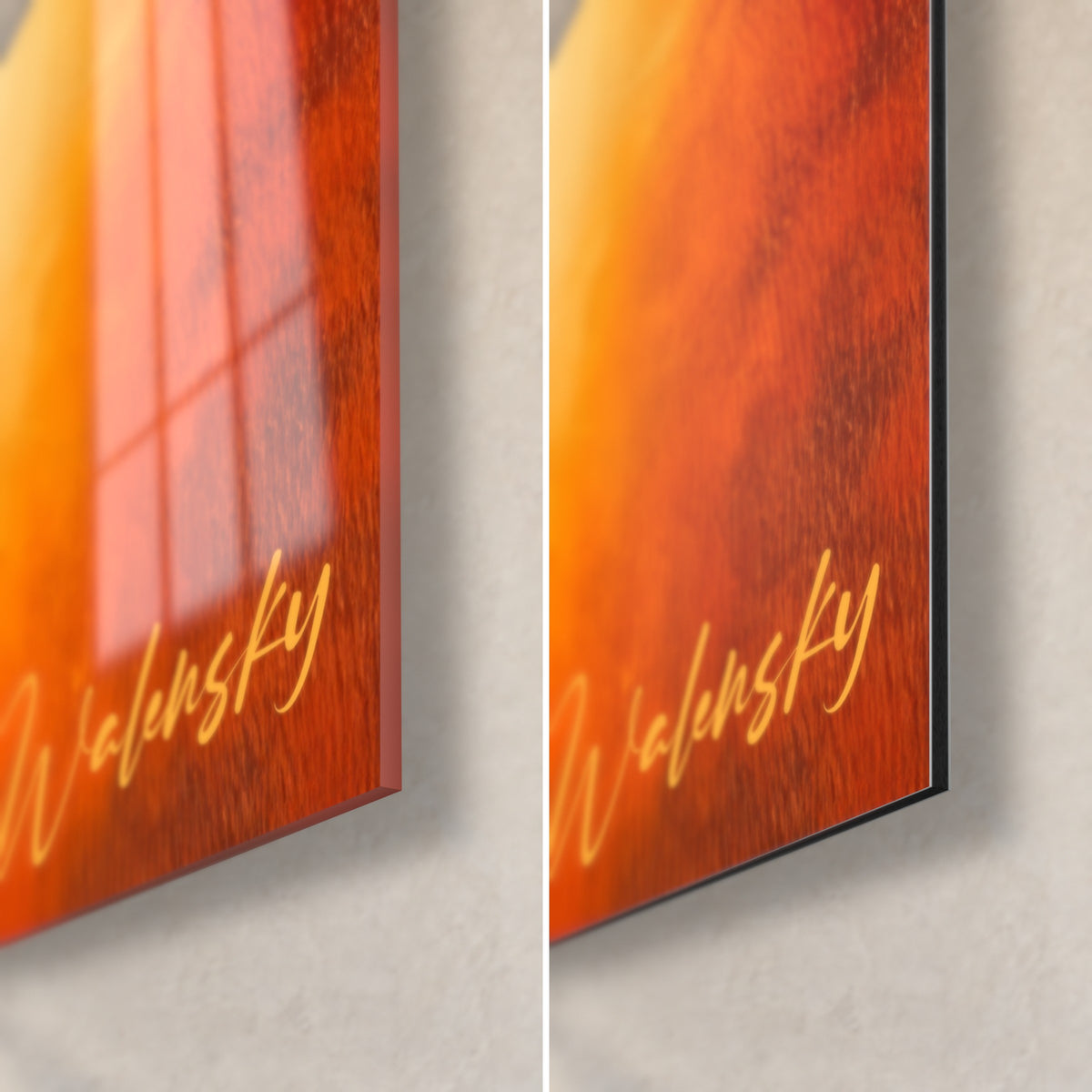 Cuadro formas geométricas en naranja ardiente y rojo, esquina inferior derecha de vidrio brillante que refleja la ventana y Dibond mate, canto de 3 mm