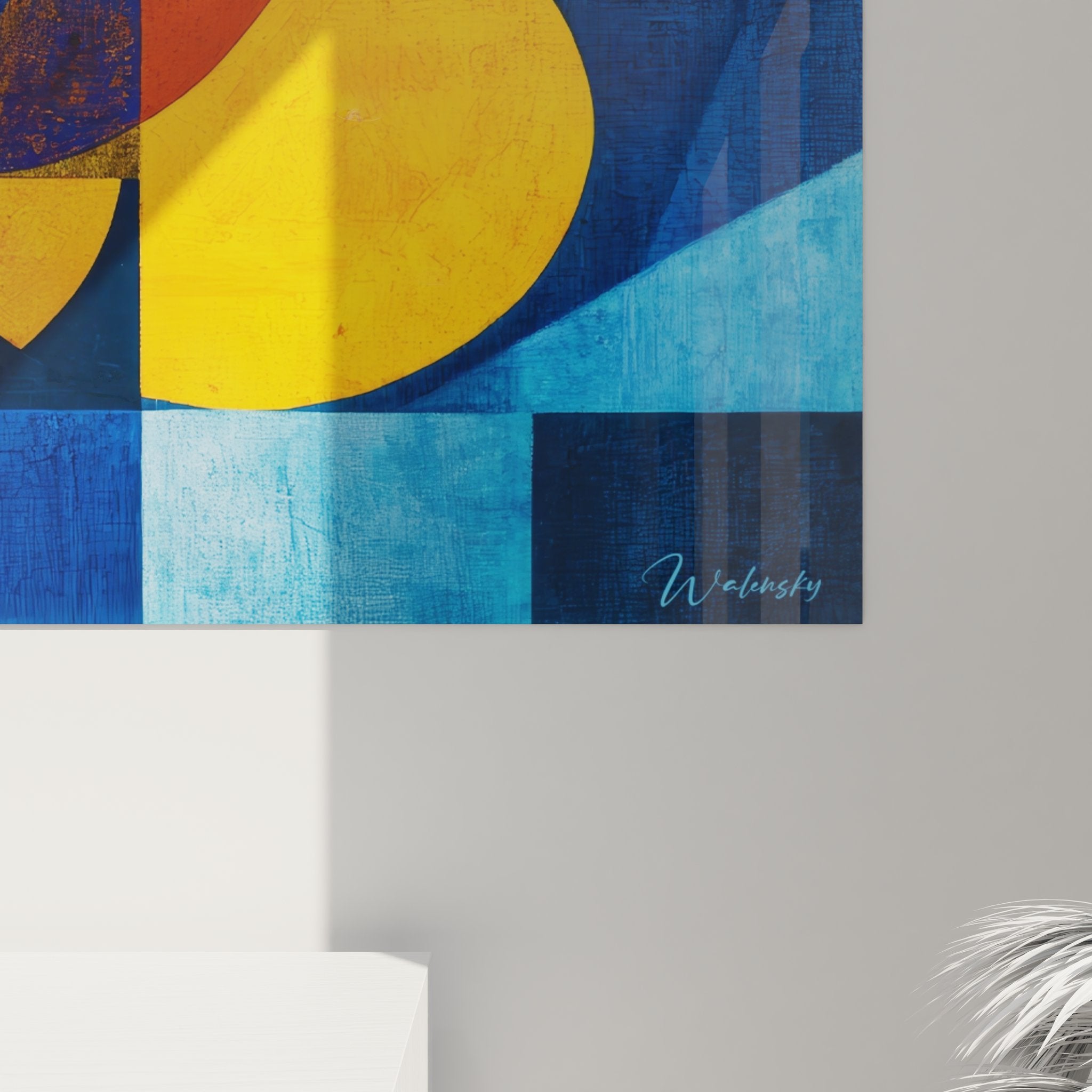 Overview of abstract geometric wall art showcasing the harmony of orange and blue colors