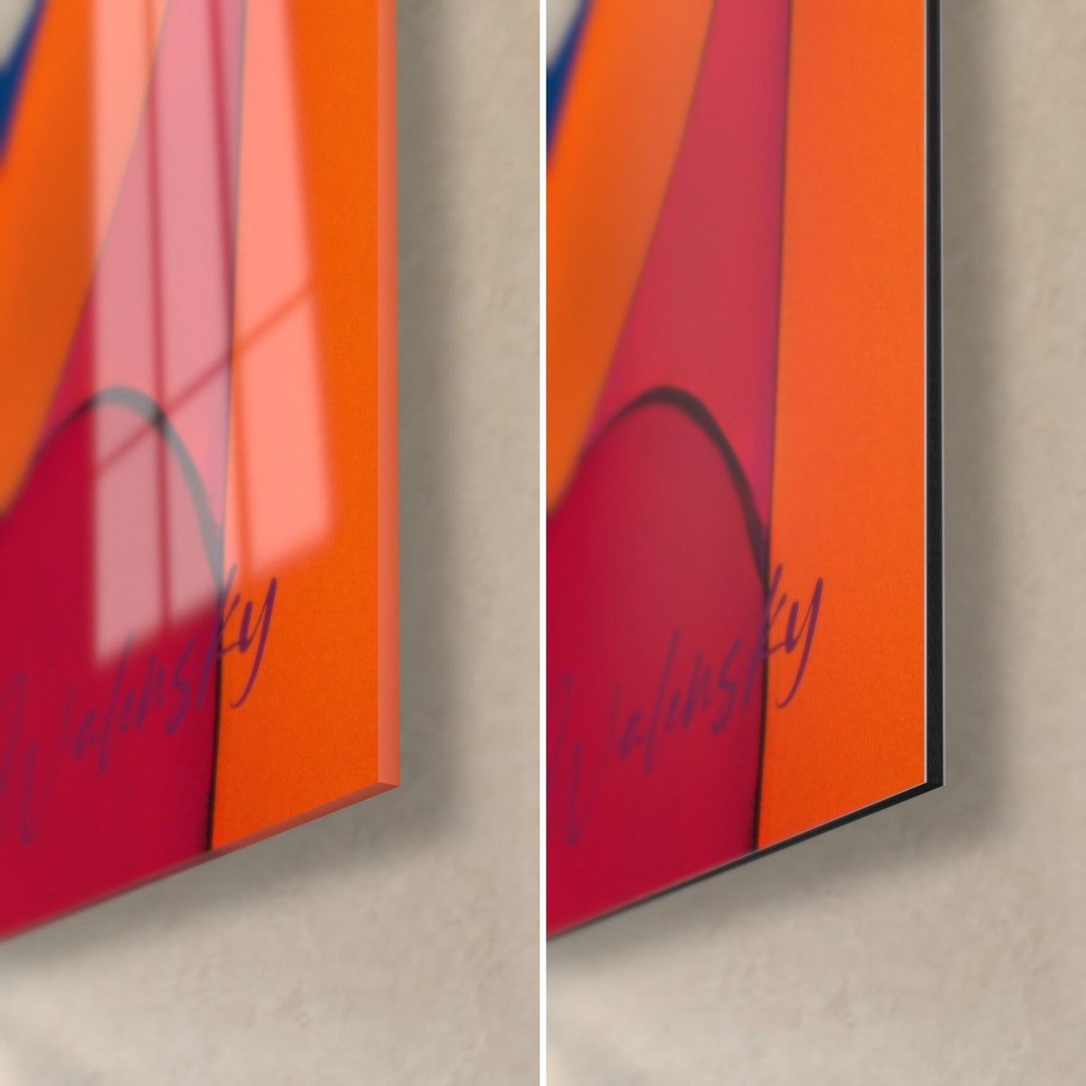 Schilderij met kleurrijke cirkels in oranje en magenta, rechtsonder, glanzend glas links, mat Dibond rechts, dikte van 3 mm