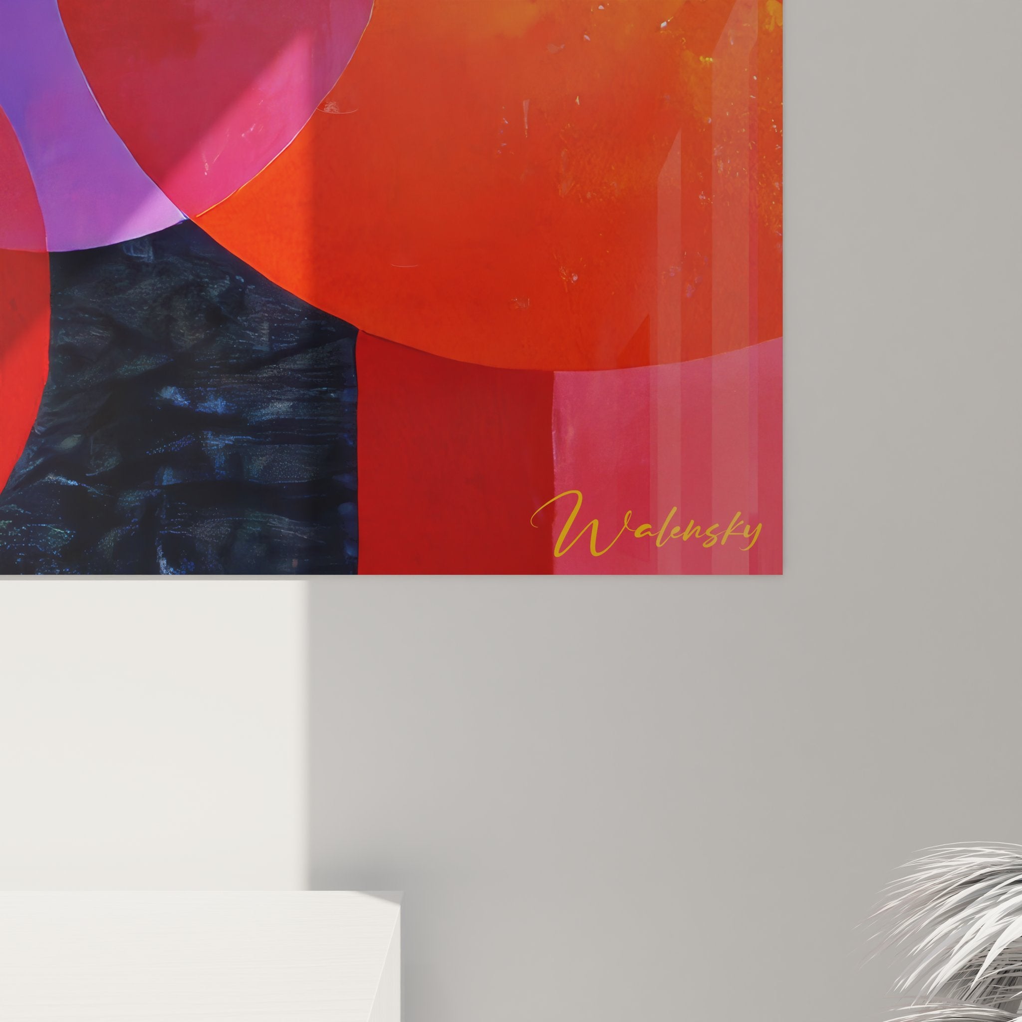 Vue d'ensemble du tableau abstrait géométrique aux cercles concentriques dans décoration intérieure