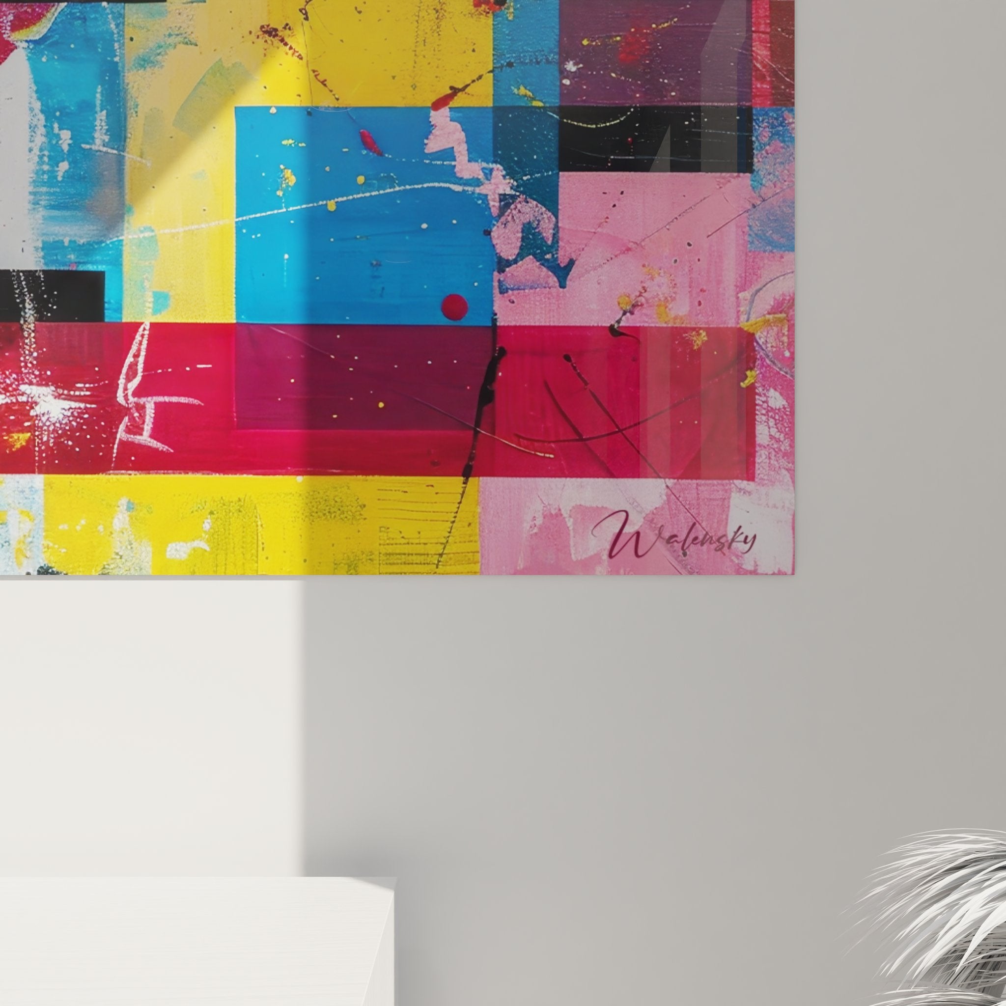 Vue d'ensemble tableau géométrique abstrait coloré avec composition artistique et formes variées