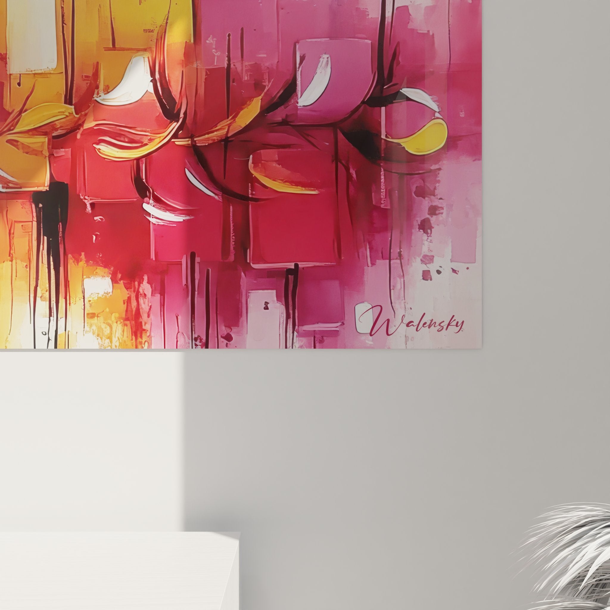 Vue ensemble tableau mural géométrique abstrait multicolore avec explosion cubes colorés décoratif