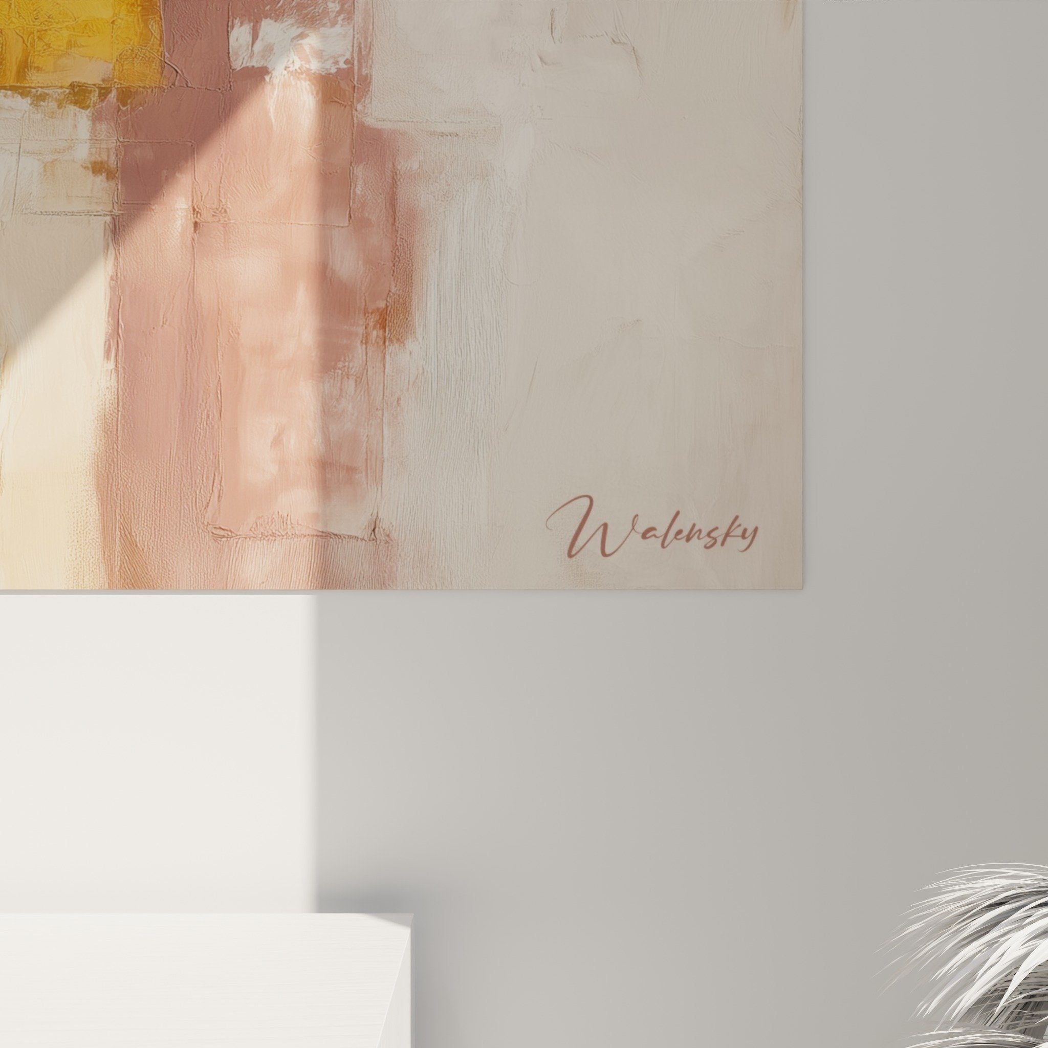 Vue ensemble tableau abstrait geometrique bordeaux orange beige feng shui sud feu decoration interieur