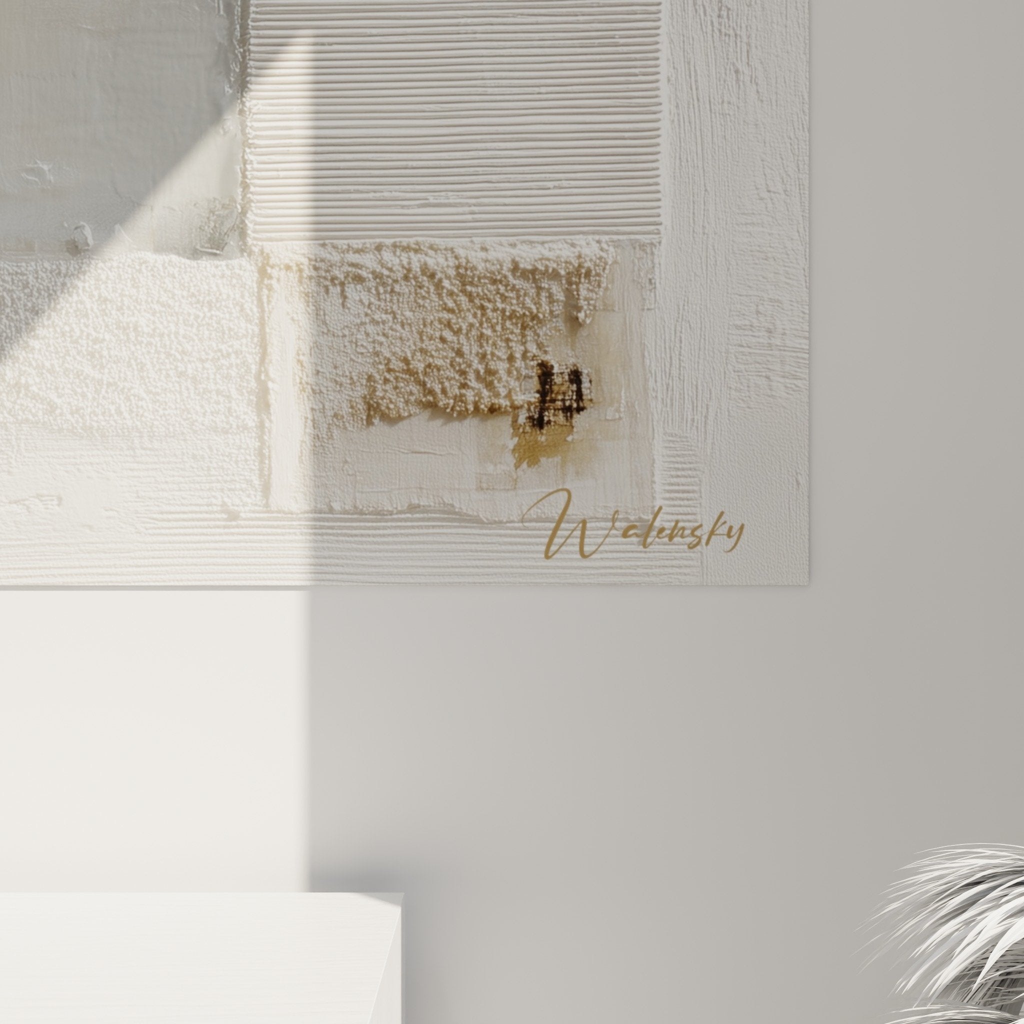 tableau mural abstrait blanc beige composition geometrique feng shui nord ouest metal decoration