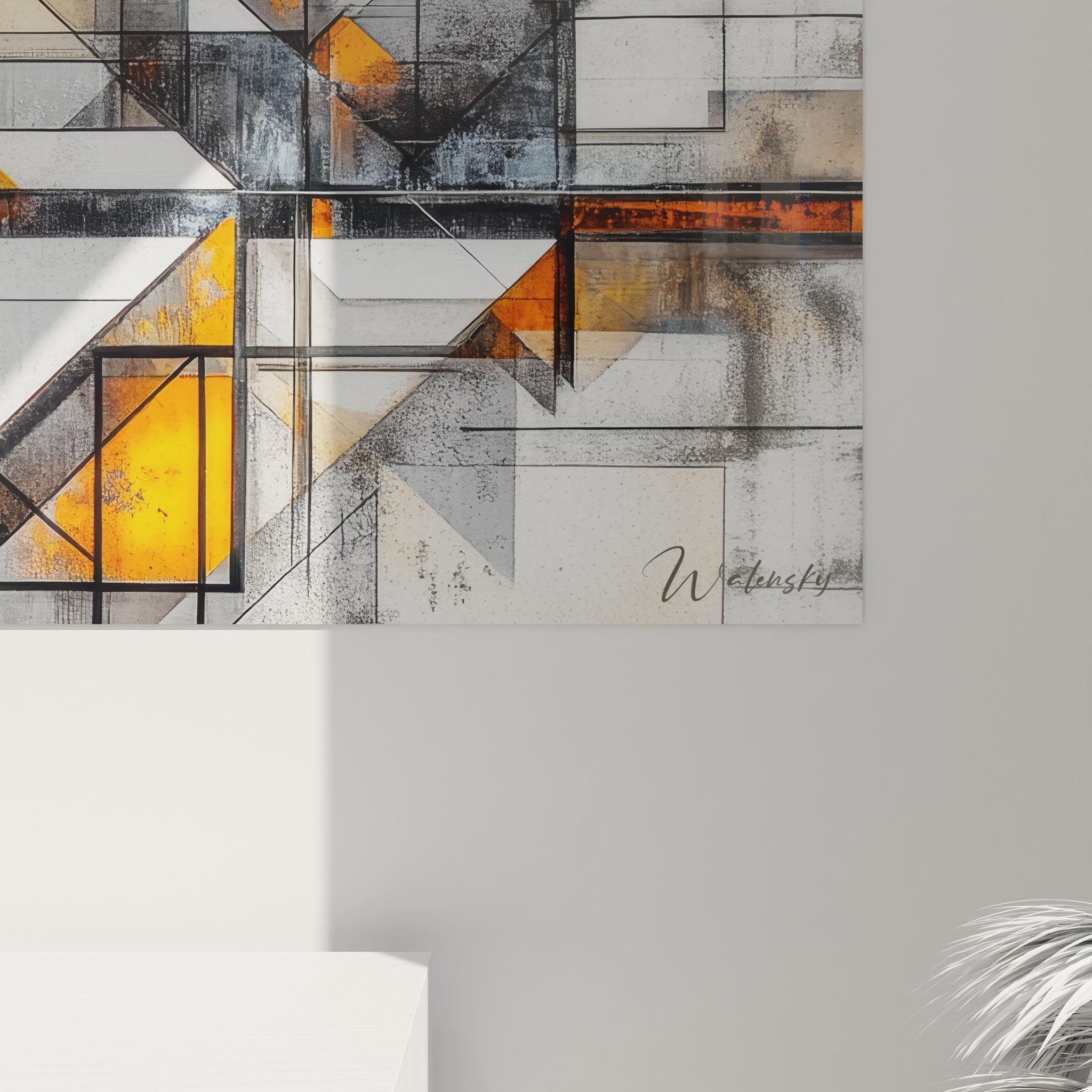 Vue d'ensemble tableau géométrique abstrait format panoramique avec composition architecturale