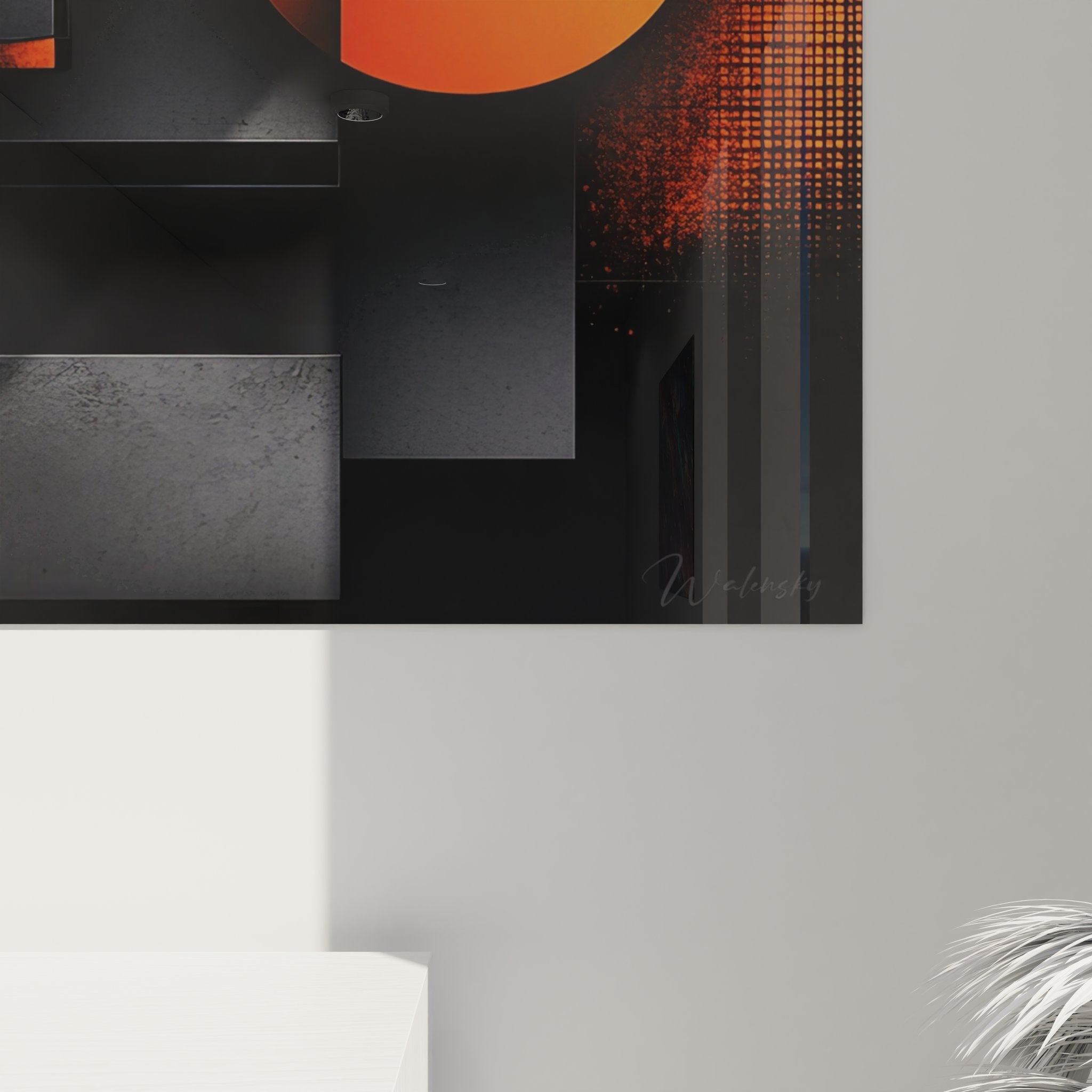 Vue d'ensemble tableau géométrique abstrait orange noir avec formes circulaires et carrées