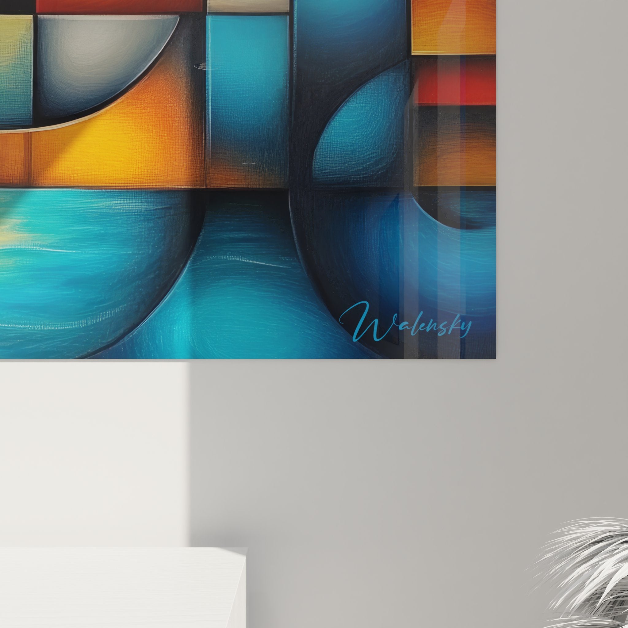 Vue ensemble tableau géométrique spirale dorée, composition abstraite moderne aux couleurs harmonieuses