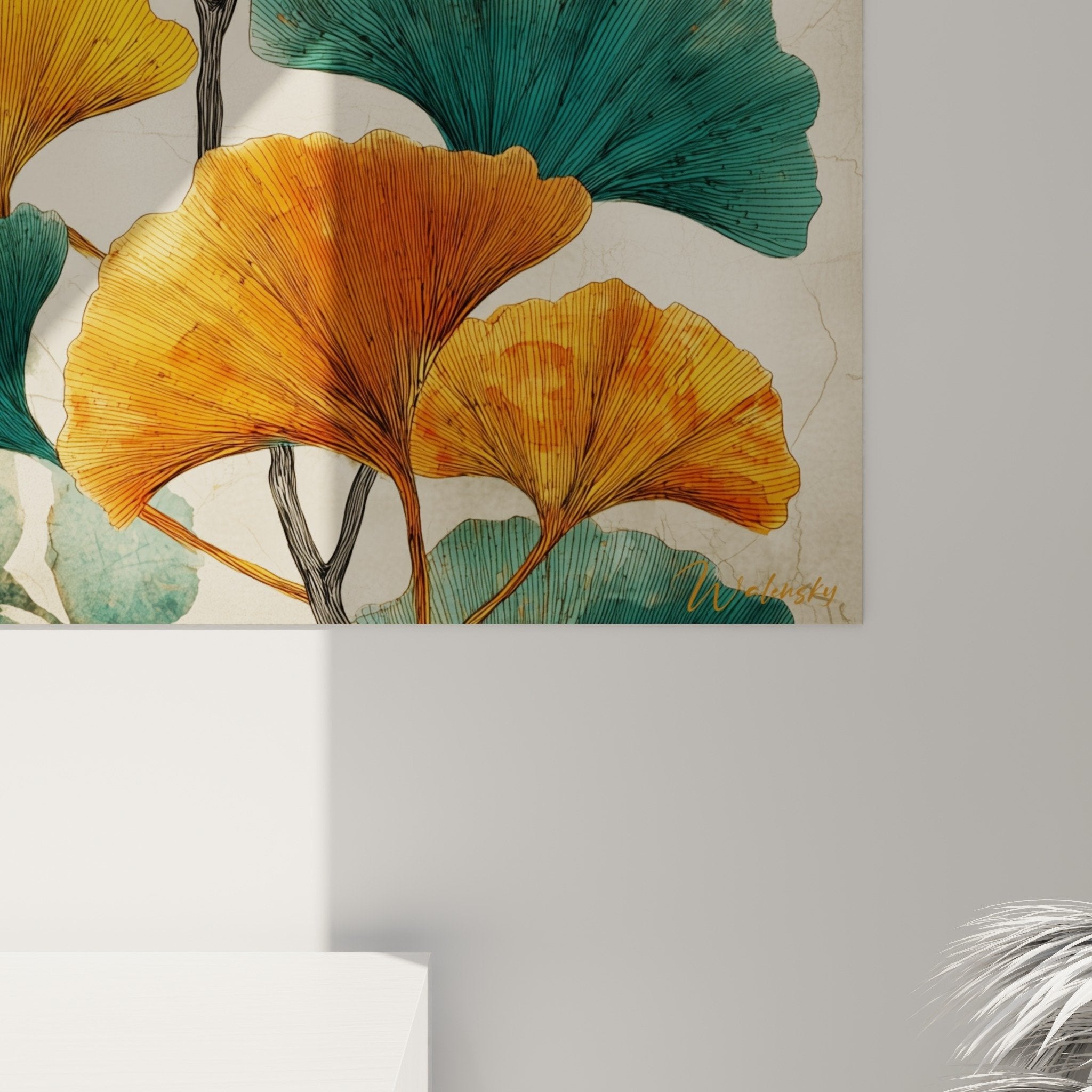 Vue d'ensemble tableau botanique ginkgo style vintage pour décoration murale naturelle