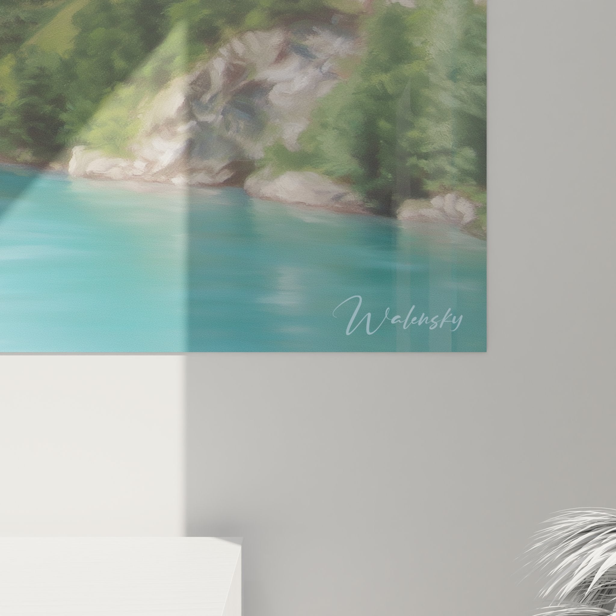 Vue ensemble tableau décoratif gorges montagneuses avec rivière cristalline dans salon moderne