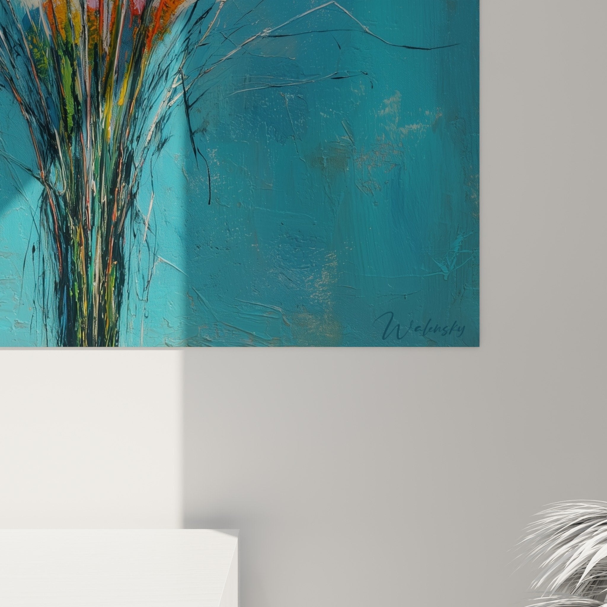 Overview white grasses canvas blue background wall decoration natural contemporary style