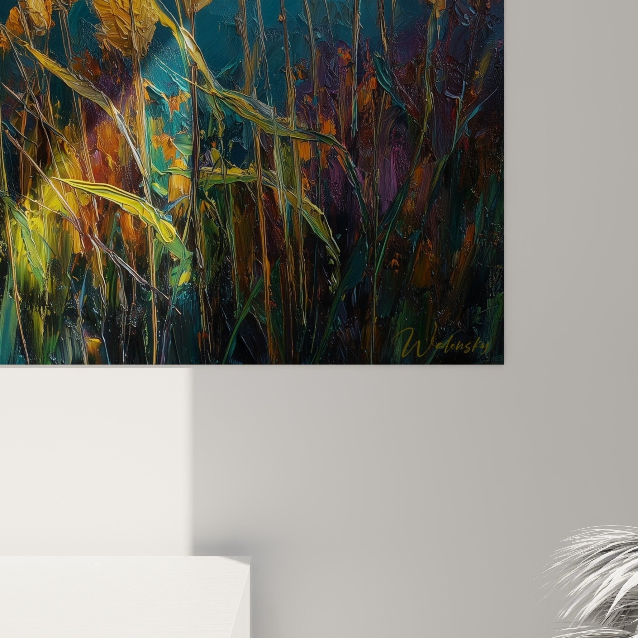 Gesamtansicht Gräser-Gemälde goldene Wanddekoration modernes Wohnzimmer Natur