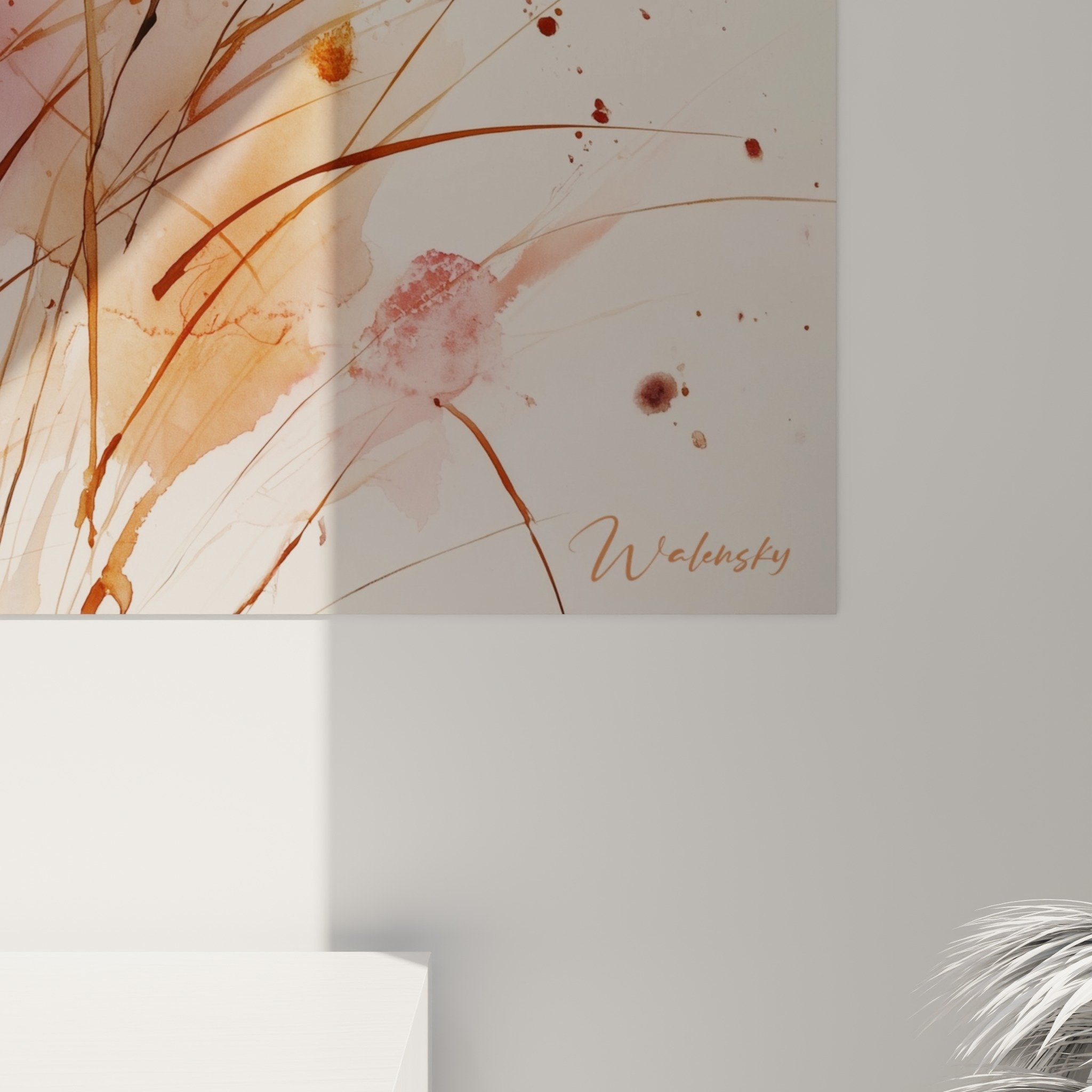 Overview of the floral artwork with ornamental grasses in a warm contemporary interior