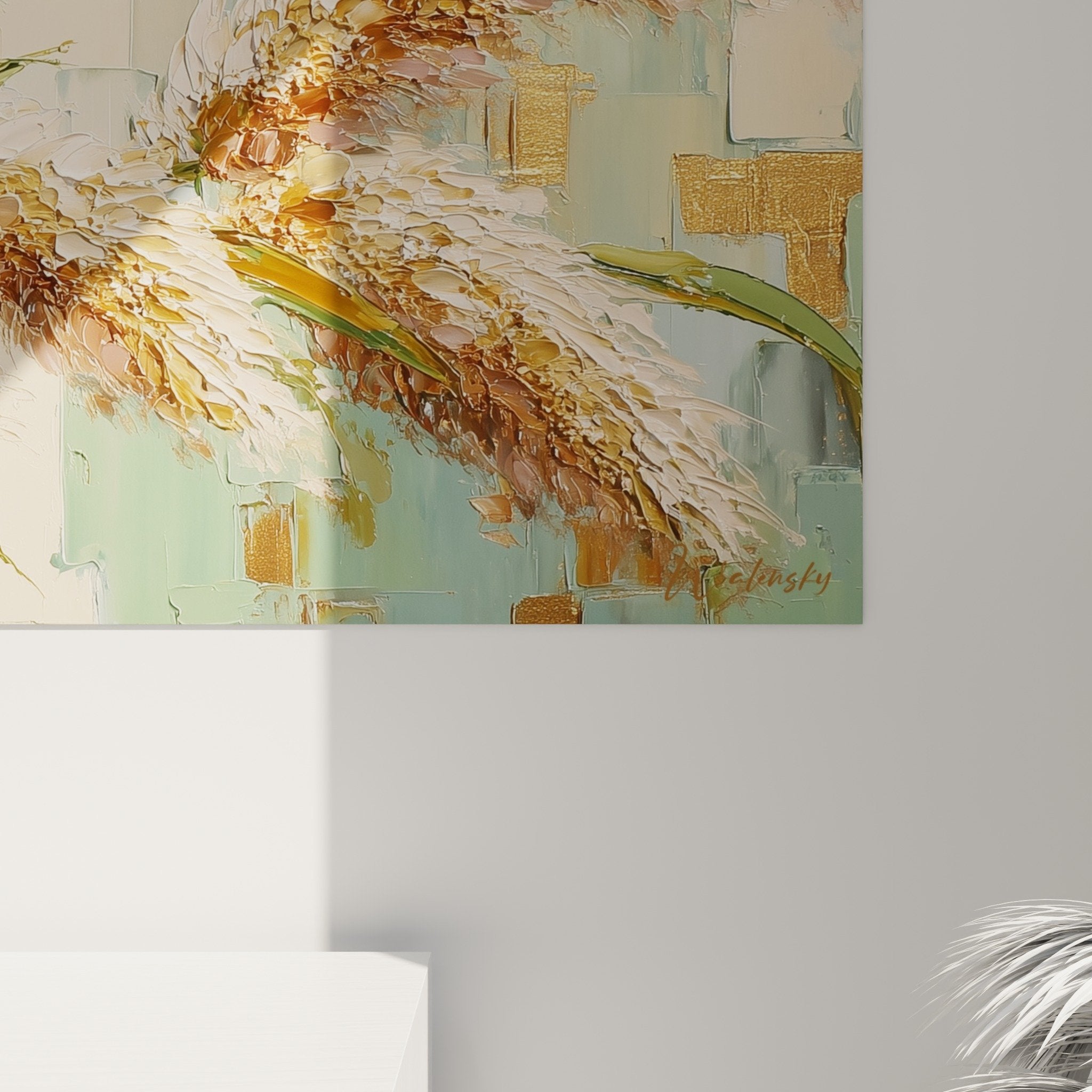 Overview ornamental grasses artwork modern living room - Decorative integration natural beige tones