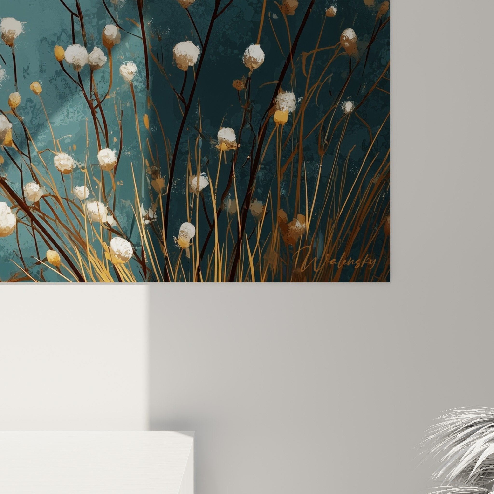 full view grass artwork living room modern wall decoration golden pompoms blue-green background
