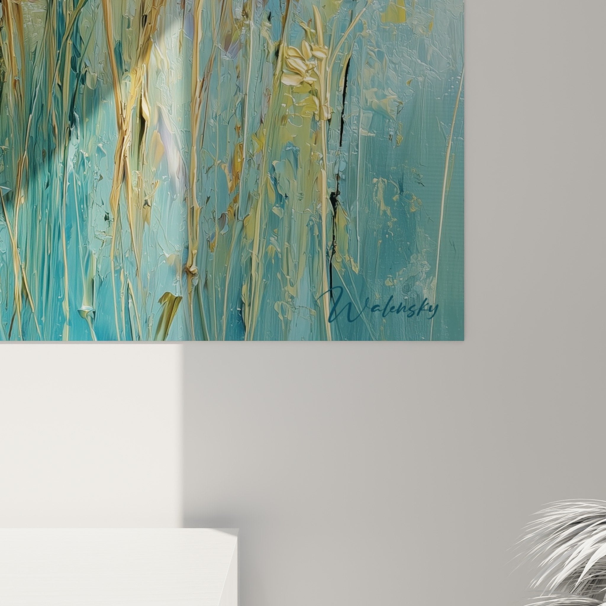 Overview of gramineous artwork vertical format, field of golden ears blue sky, soothing nature wall art