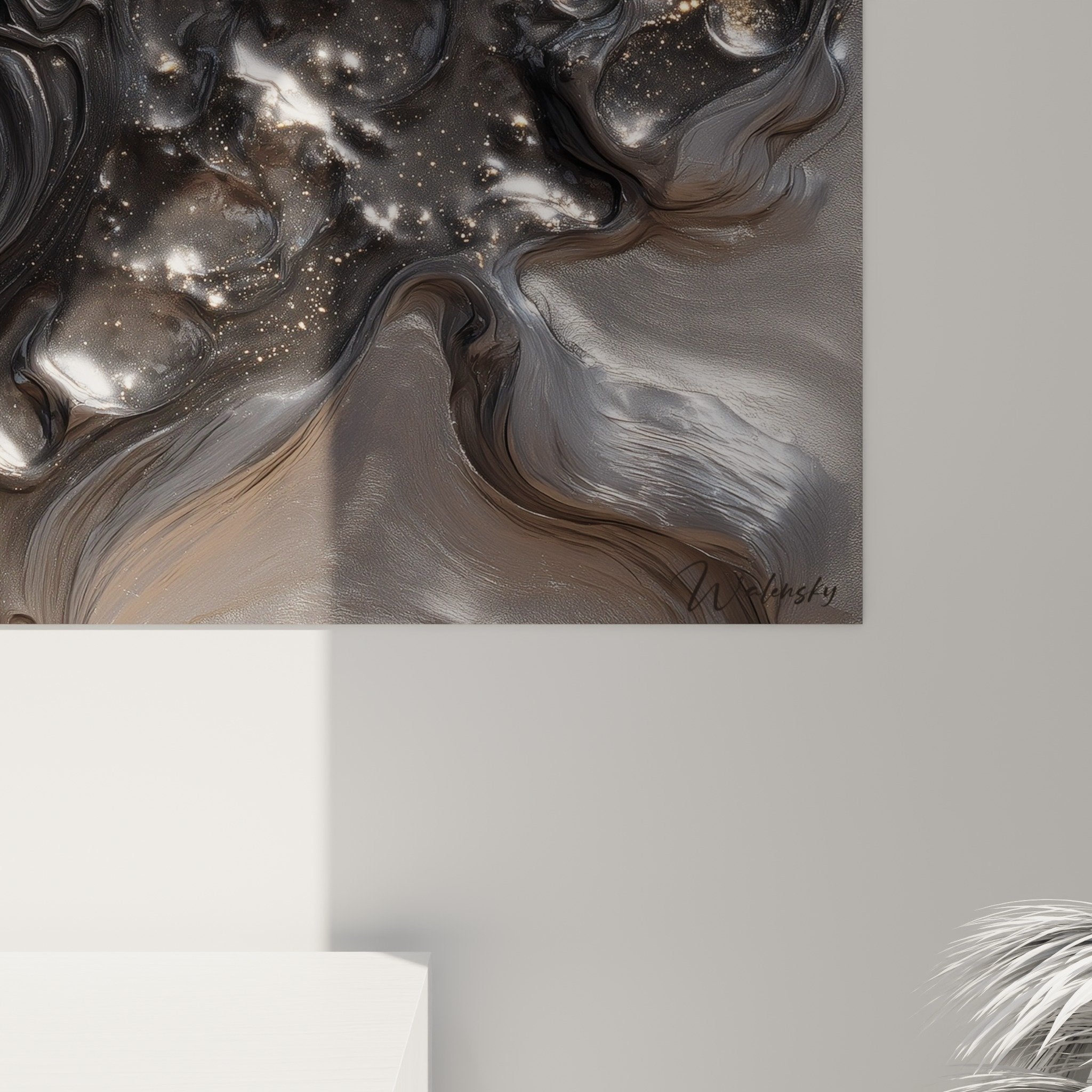 Overview of silver-grey abstract painting in modern interior, feng shui metal wall decor