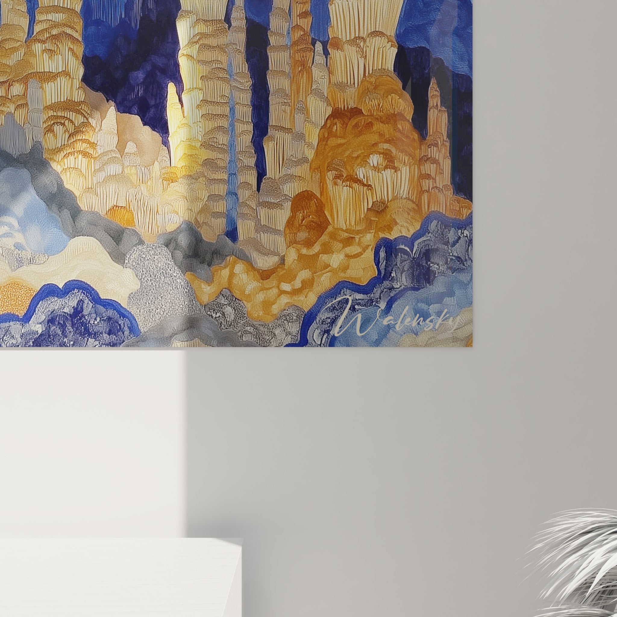 Vue ensemble tableau mural grotte cathédrale souterraine stalactites stalagmites dorées