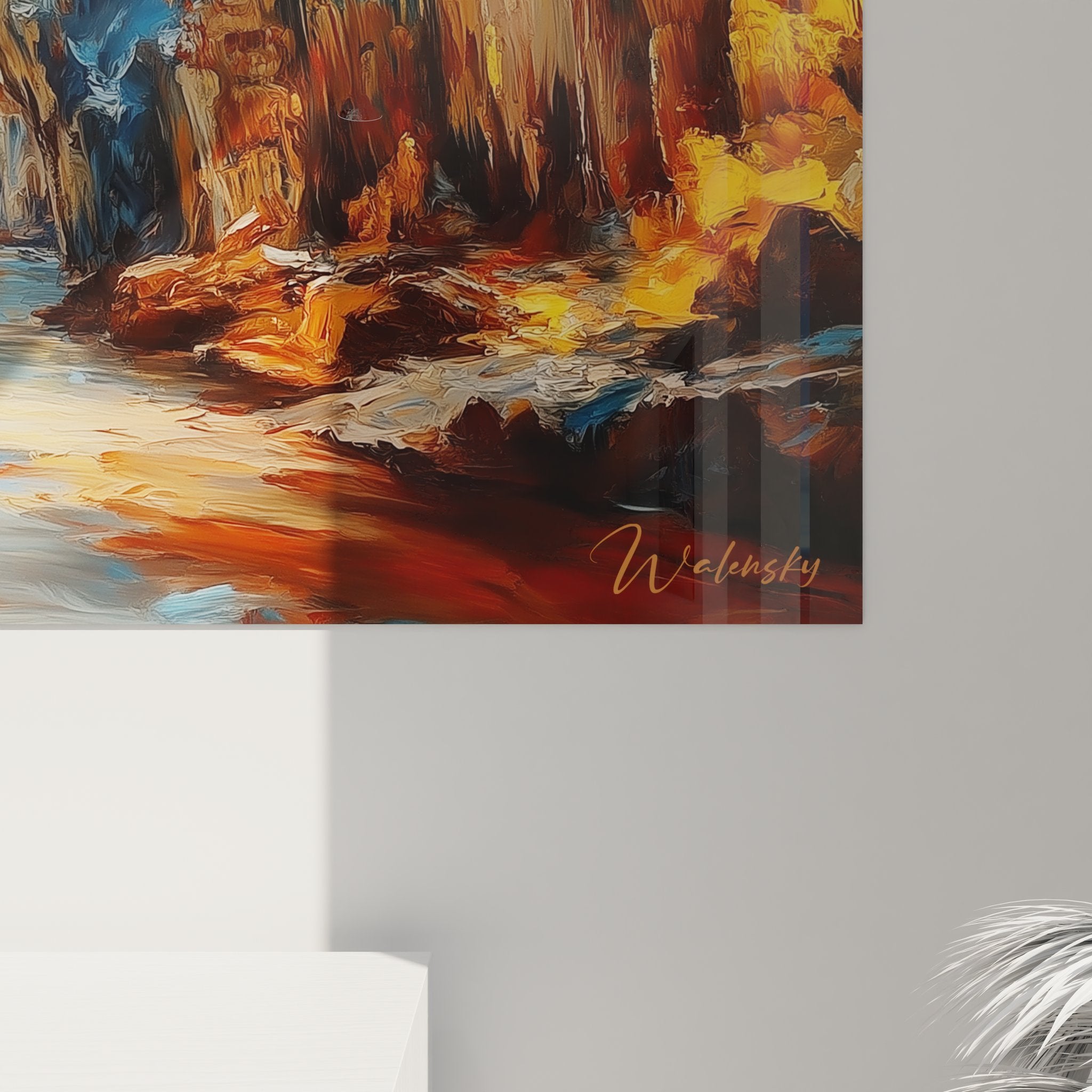 Vue ensemble tableau grotte stalactites lumière bleue décoration murale style moderne