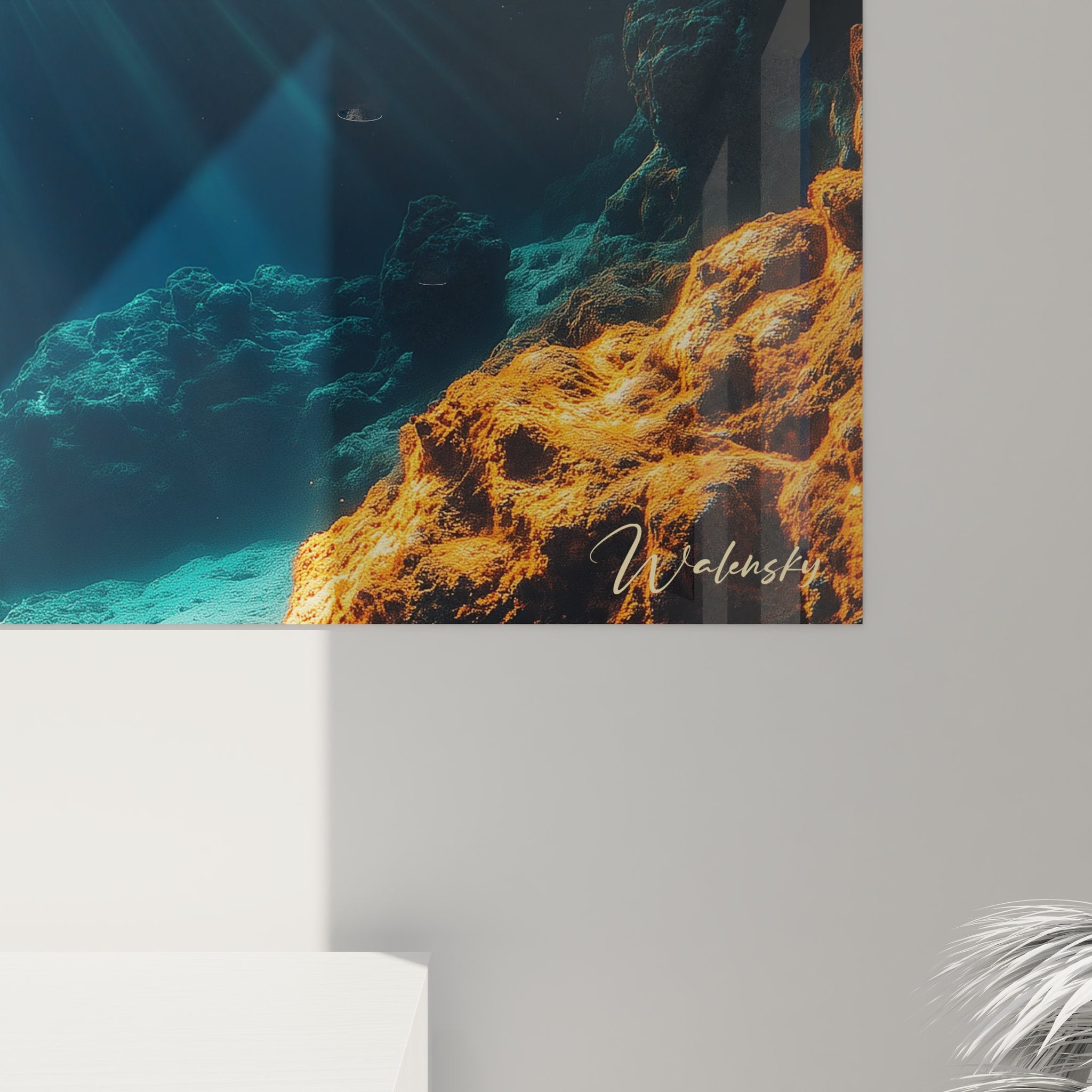 Vue ensemble tableau grotte marine lumineuse, œuvre art mural fonds océaniques pour décoration intérieure