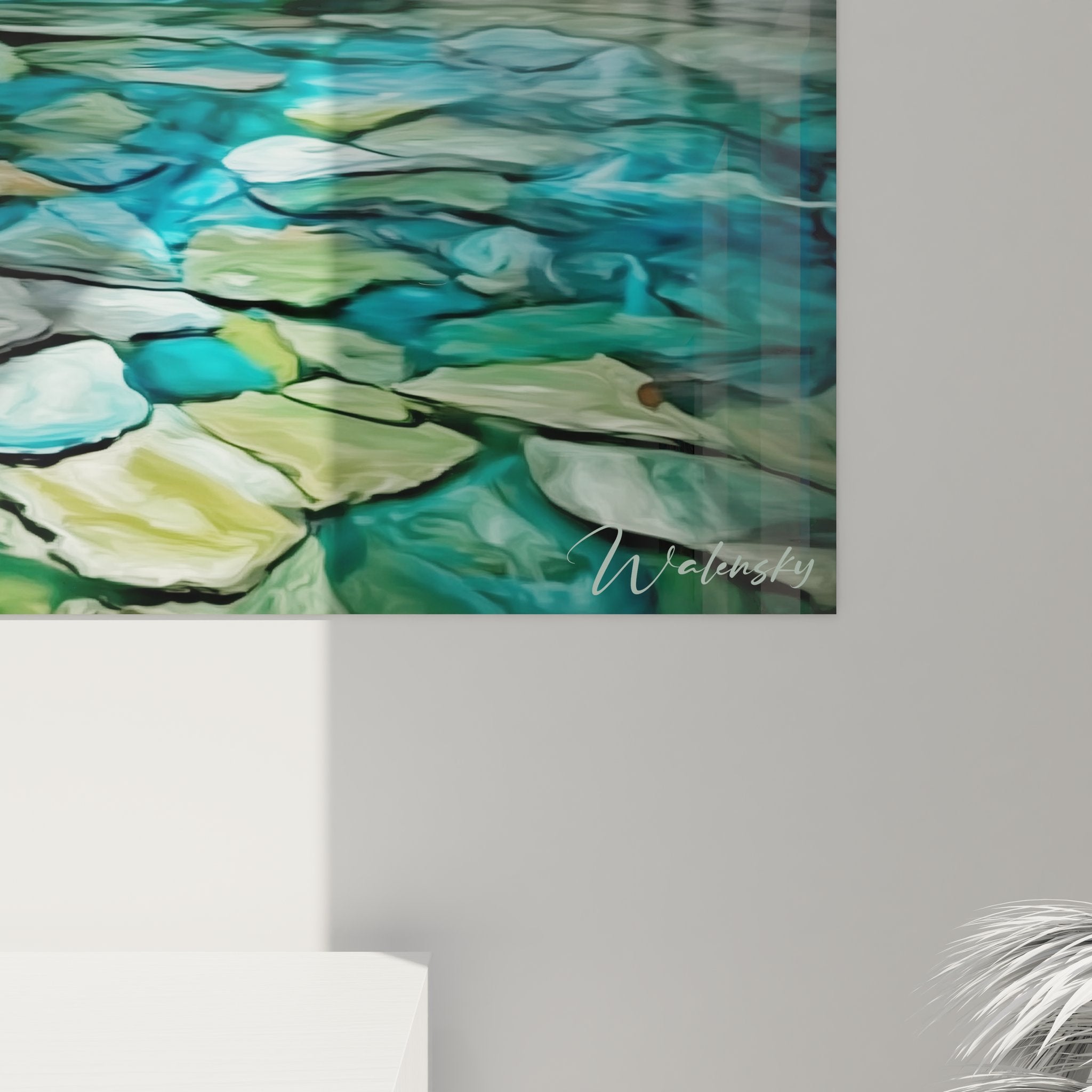 Vue ensemble tableau mural grotte marine art spirituel avec formations rocheuses et eaux cristallines