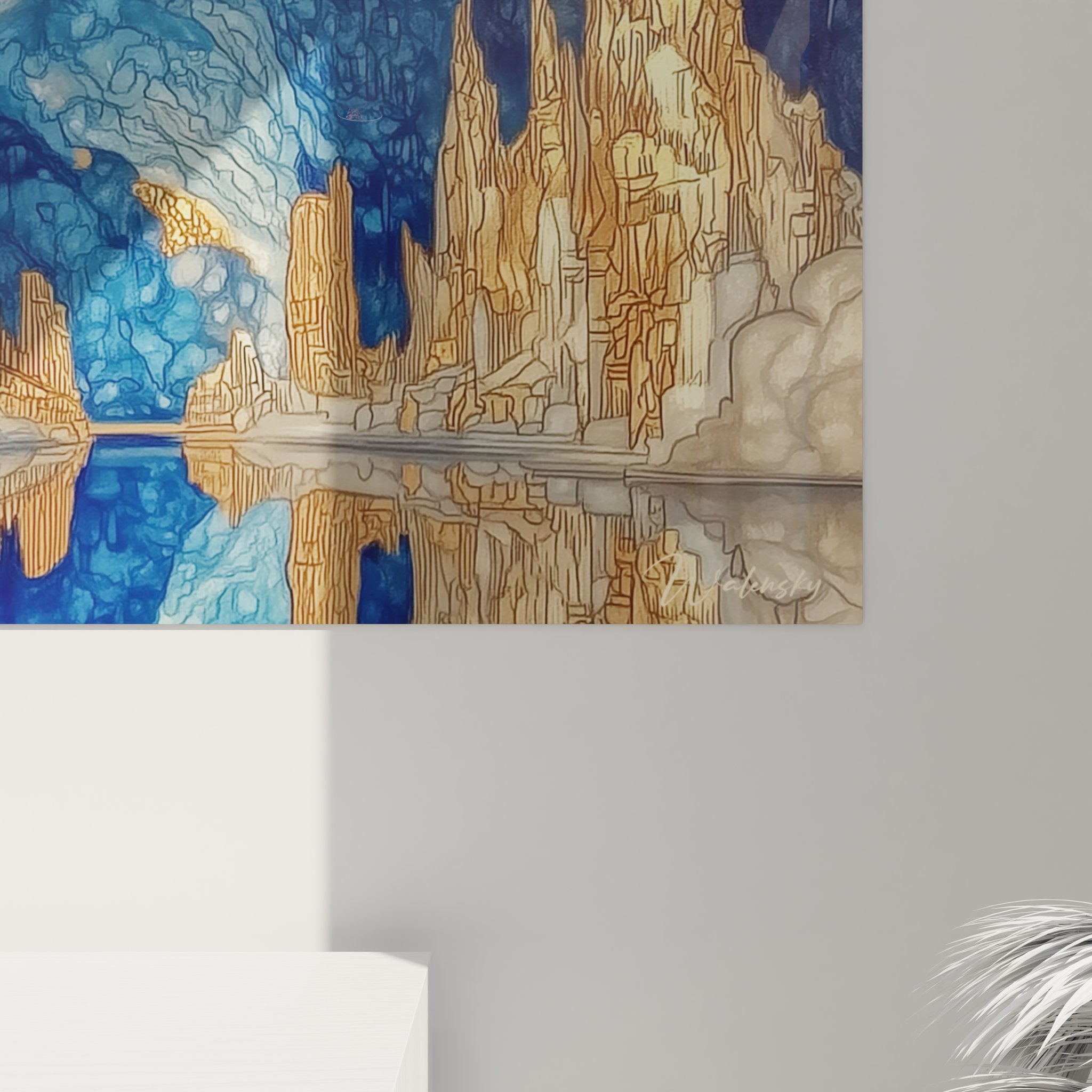 Vue ensemble tableau mural grotte souterraine bleue décoration intérieure art naturel stalactites