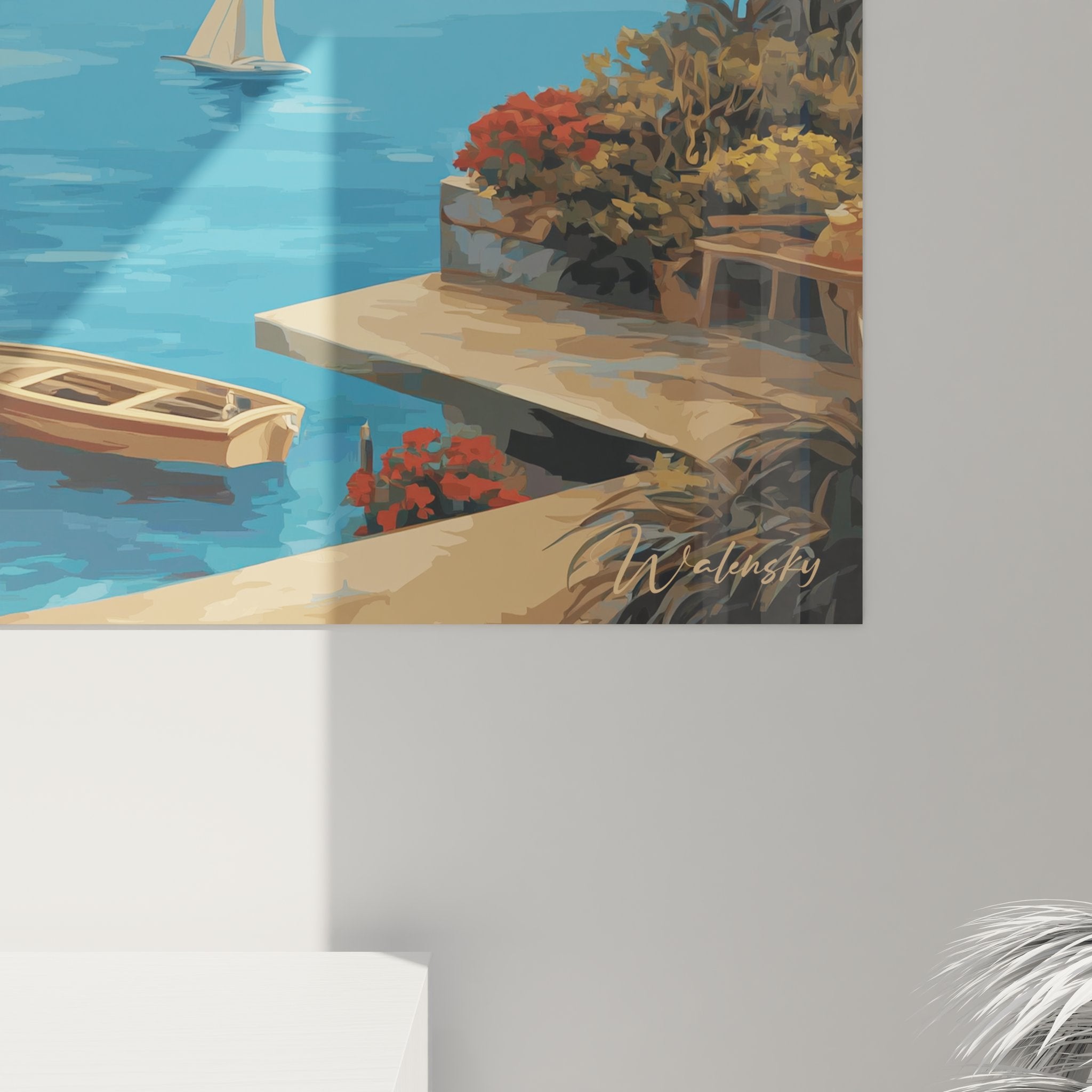 Vue ensemble tableau mural Capri, paysage côtier complet avec grottes naturelles et voiliers