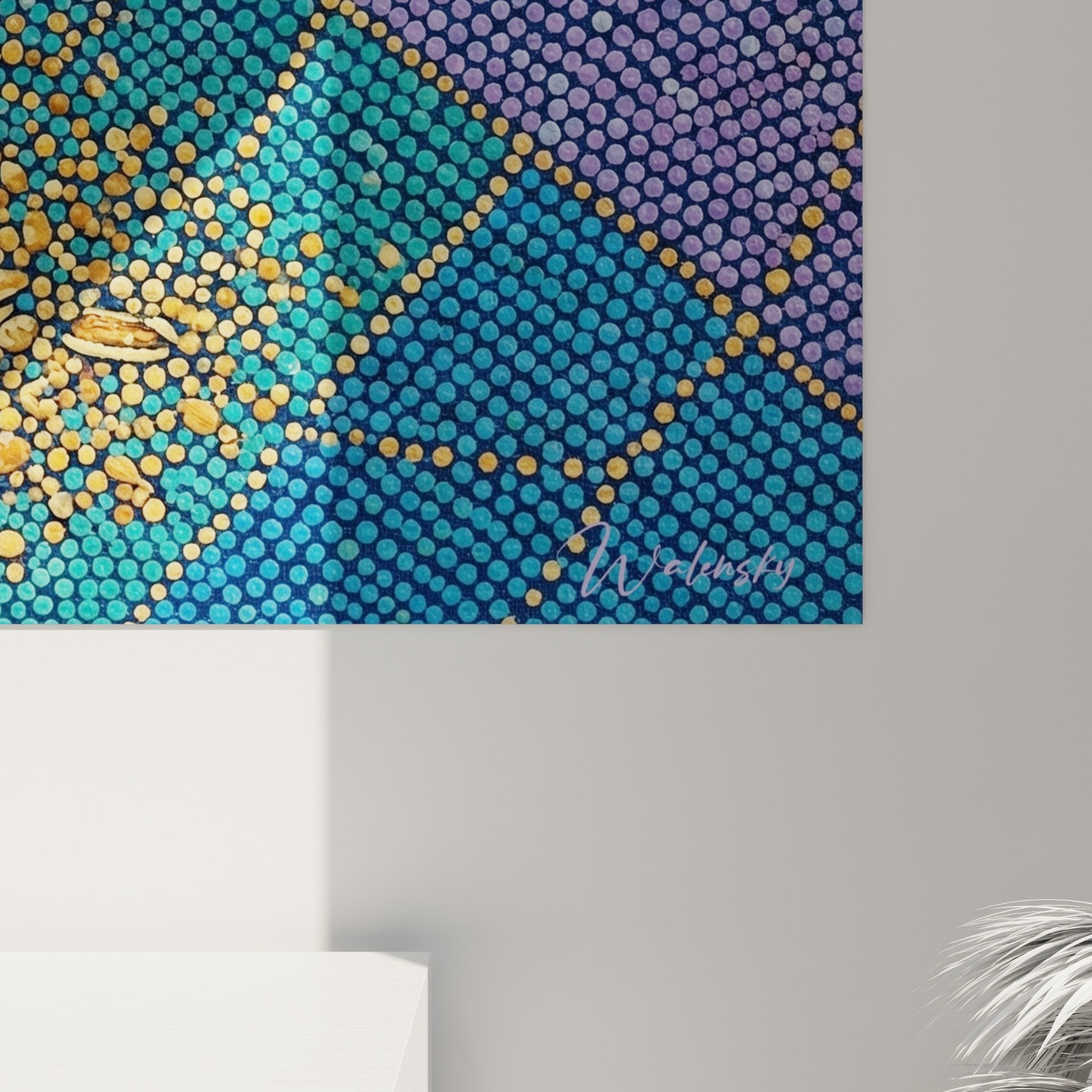 Übersichtsansicht Hamster-Gemälde buntes Mosaik türkisfarbener Hintergrund Wanddekoration moderner Pointillismus-Kunstwerk