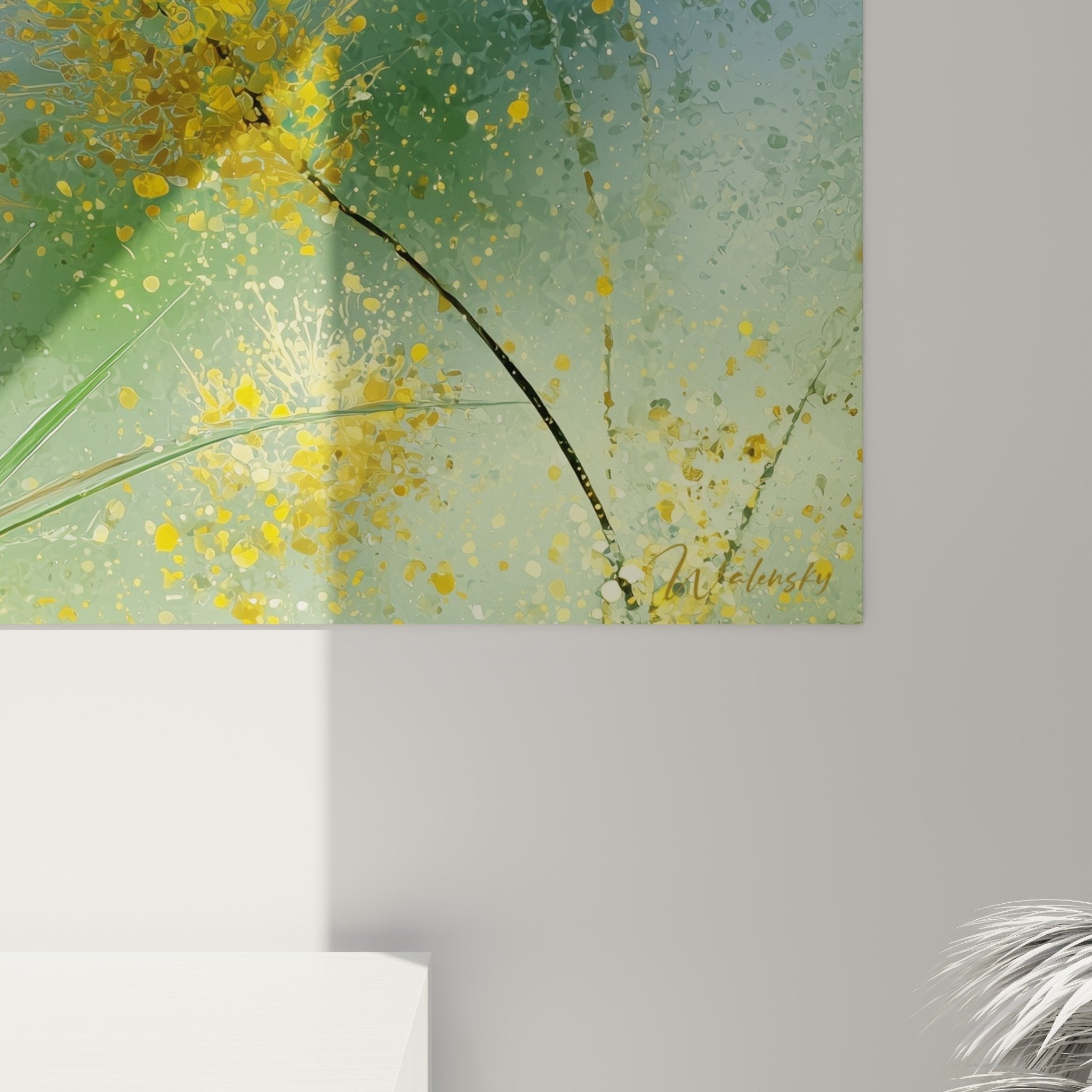 Vue ensemble tableau herbes dorées intégré décoration murale salon contemporain style naturel épuré