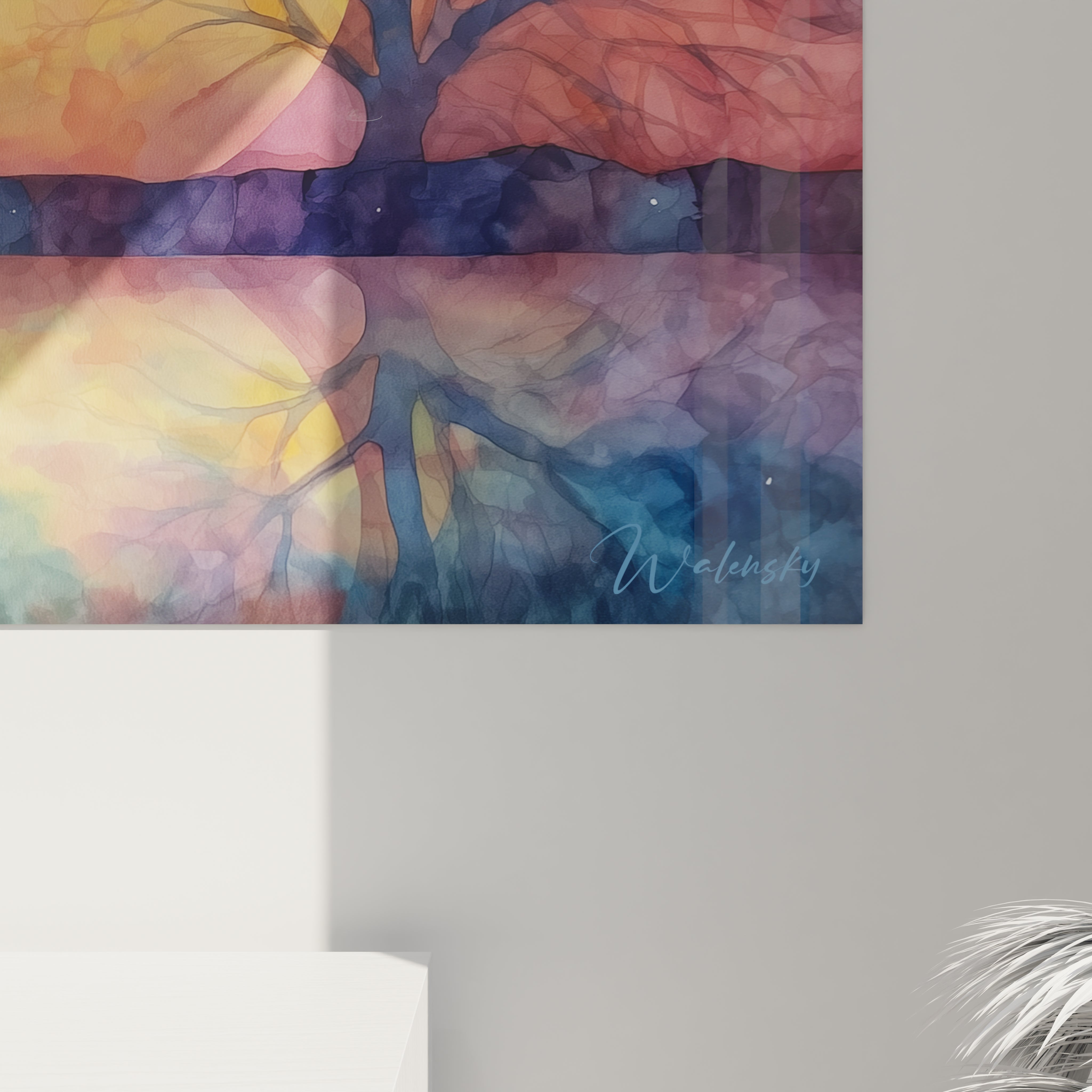 Vue ensemble tableau mural héron géométrique décoration intérieure moderne