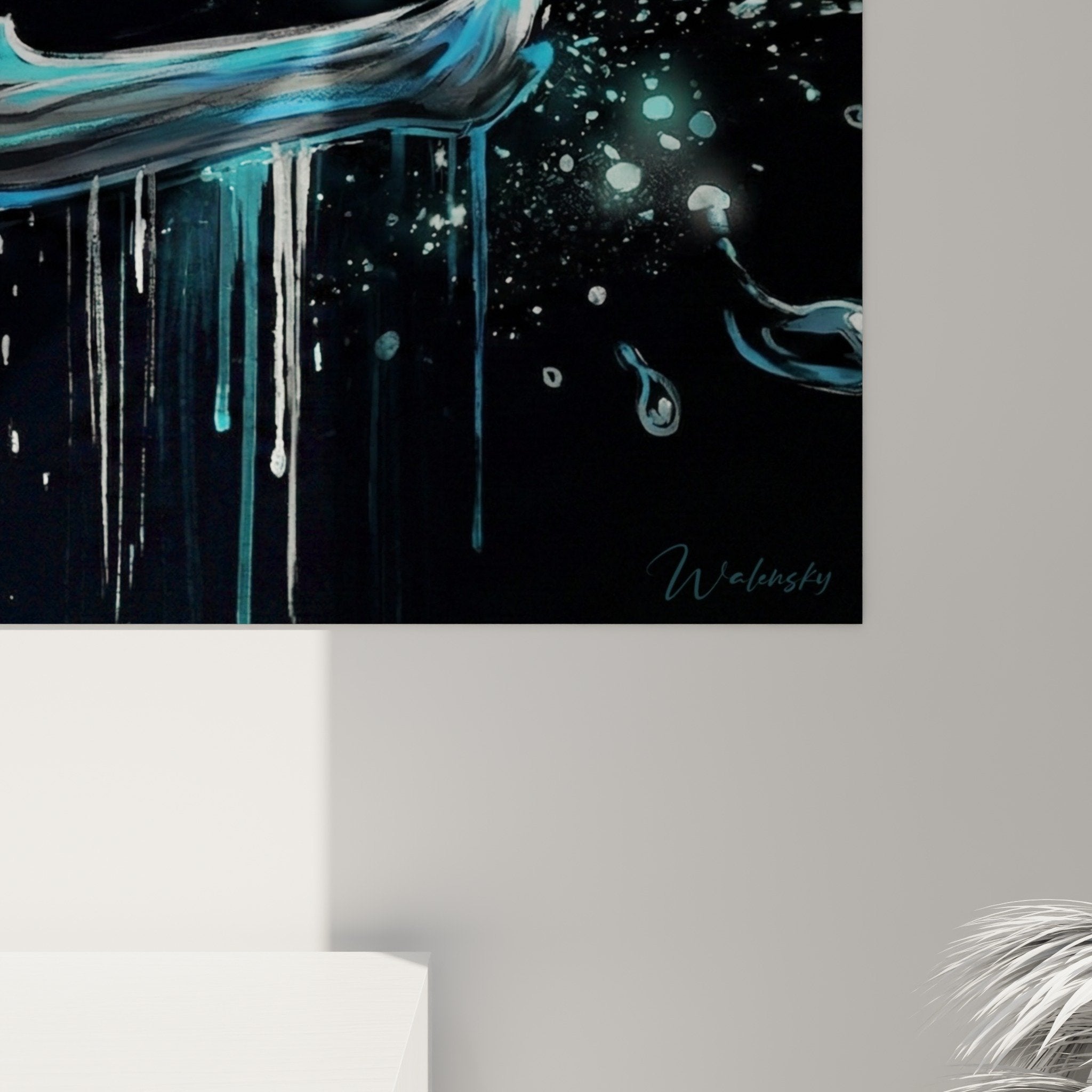 tableau hippocampe format panoramique bleu turquoise eclaboussures decoration murale