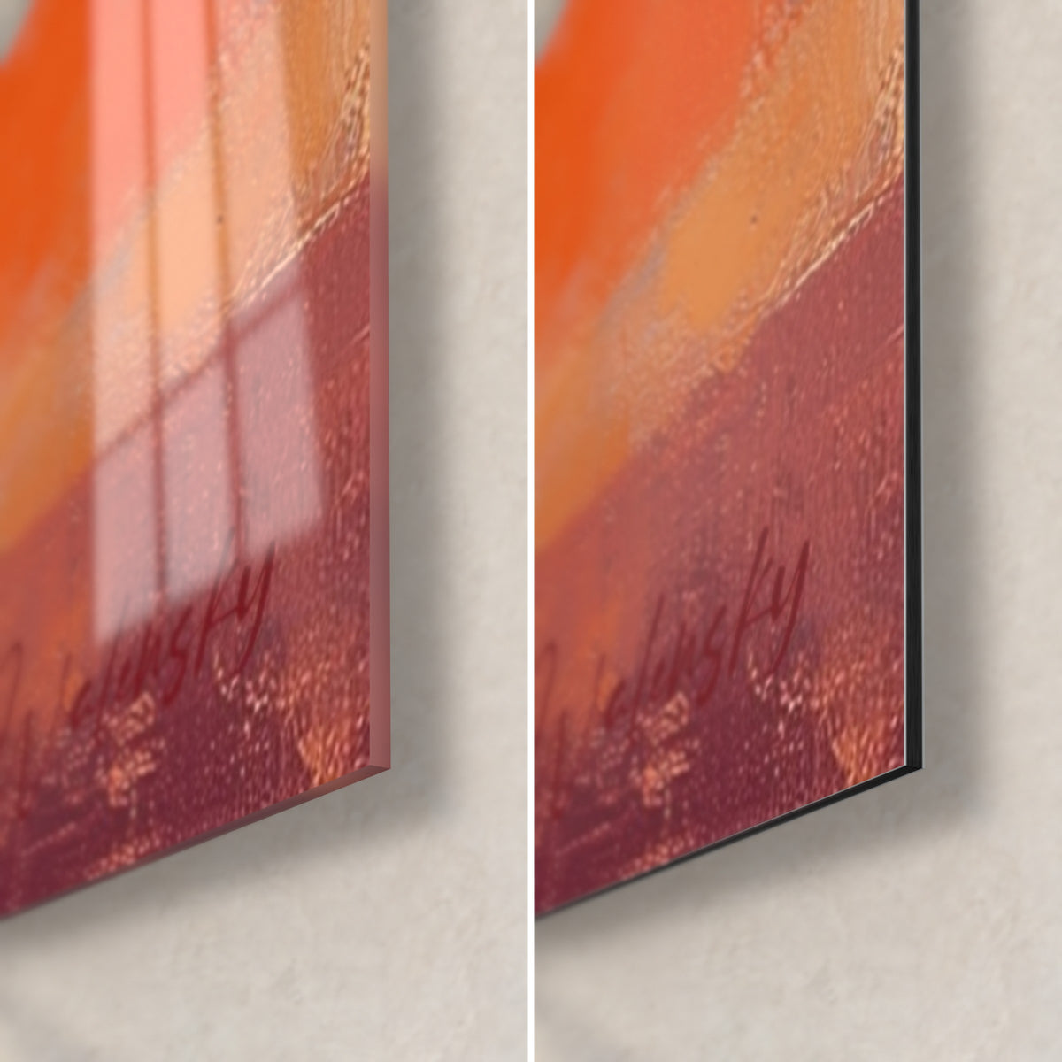 Tableau bandes orange et bordeaux, coin bas droit : verre acrylique brillant à gauche, Dibond mat à droite, tranche fine