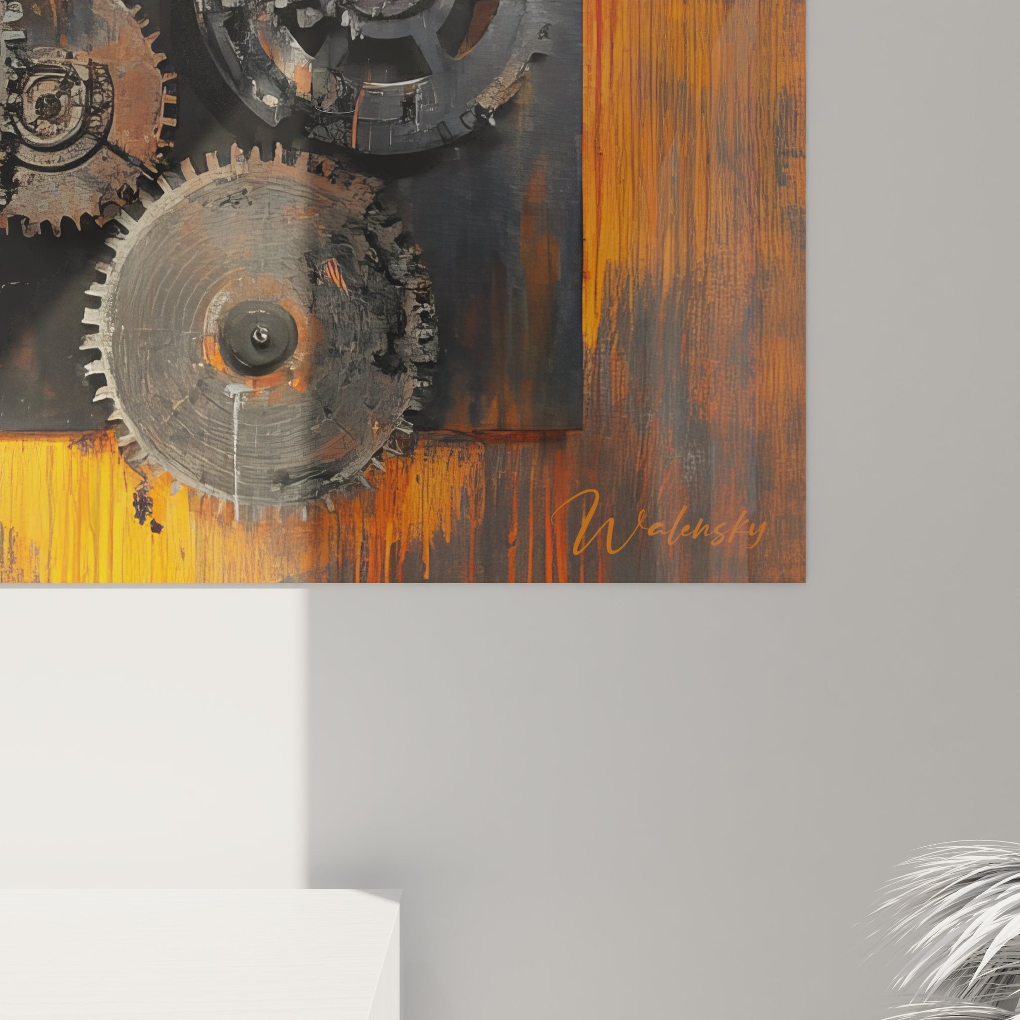 Vue ensemble tableau mural horloge industrielle engrenages décoratifs art steampunk métal patiné