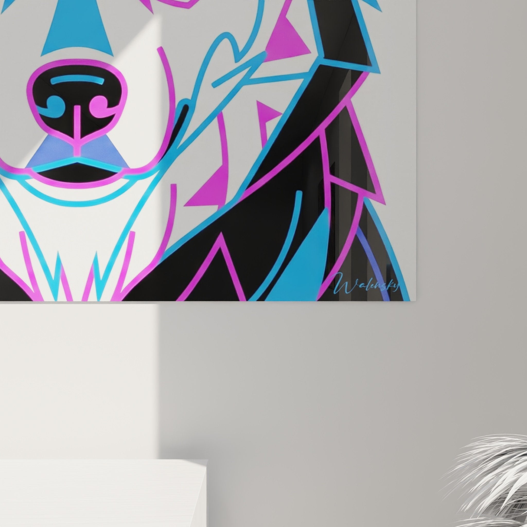 Overview of colorful geometric Siberian Husky wall art in minimalist modern interior