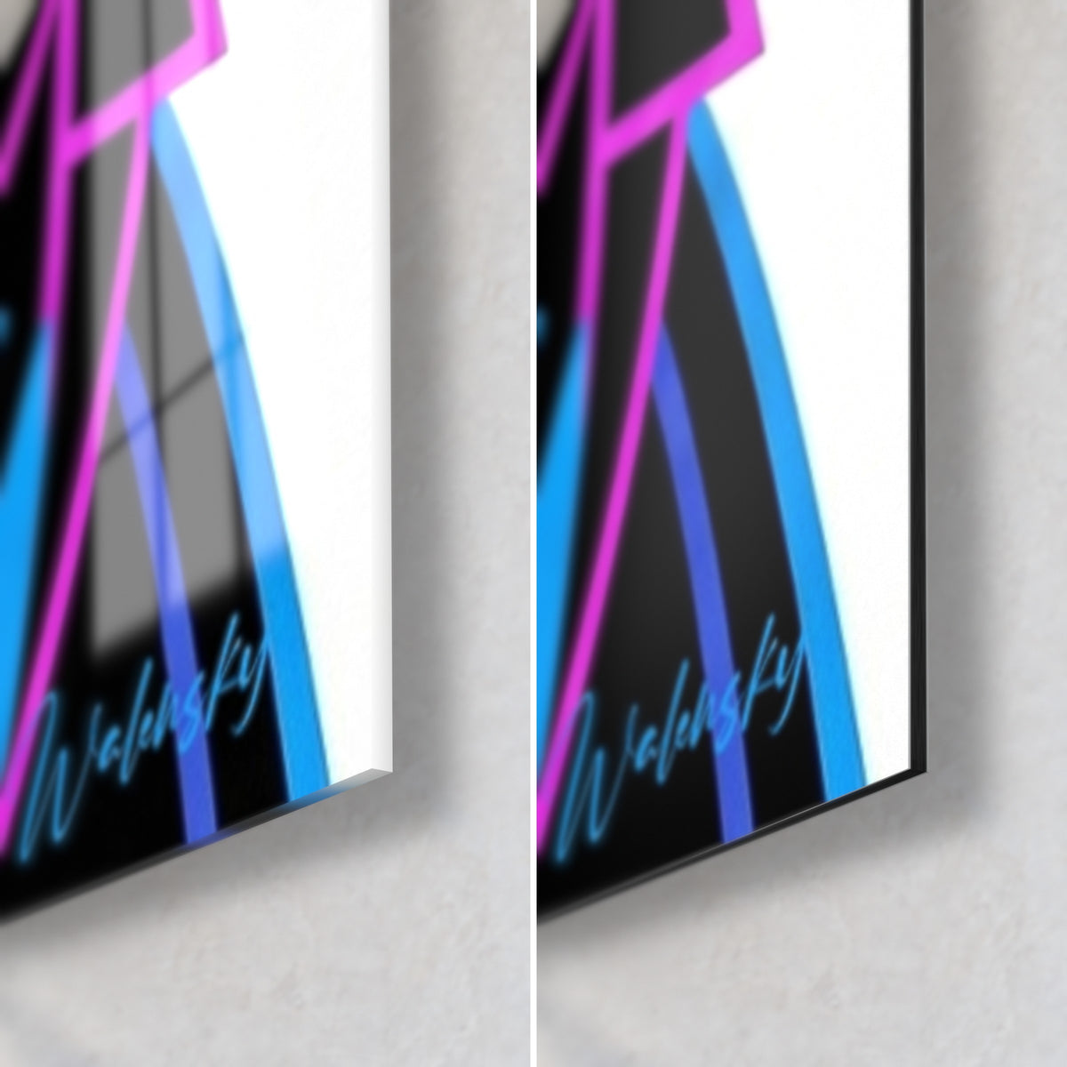 Schilderij Gestileerde husky, rechtsonder: glanzend acrylglas dat het licht weerkaatst, mat zwart Dibond-aluminium, rand van 3 mm