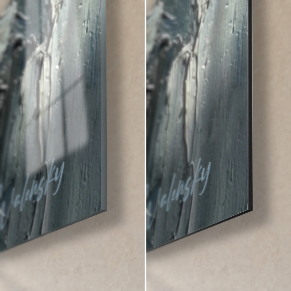 Gemälde eines Polarhundporträts, untere rechte Ecke in Blaugrau, glänzendes Glas mit Reflexen und mattes Dibond-Aluminium, schwarze Kante von 3 mm