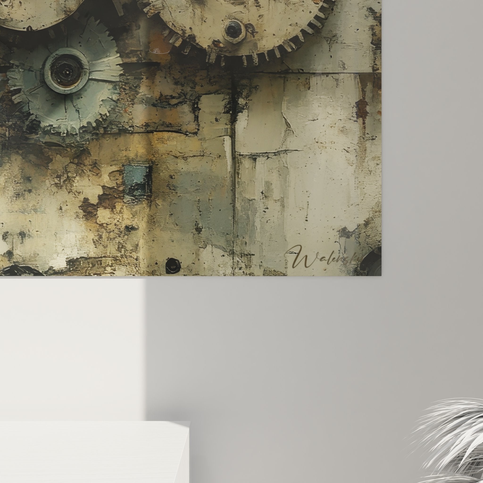 Vue d'ensemble du tableau mécanismes industriels montrant l'agencement des engrenages et rouages vintage