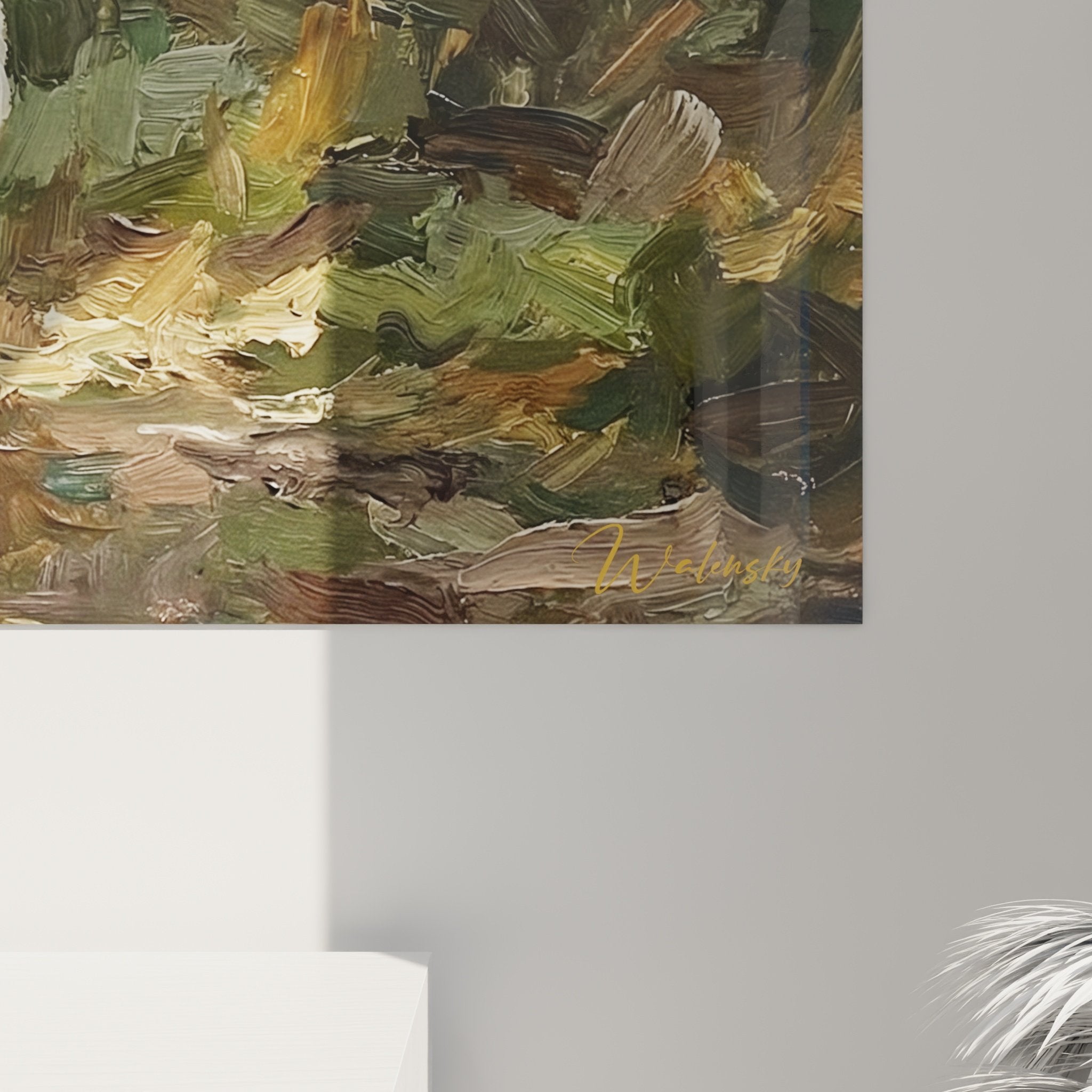 Vue d'ensemble du tableau Jack Russel Terrier dans un intérieur moderne avec mobilier en bois naturel