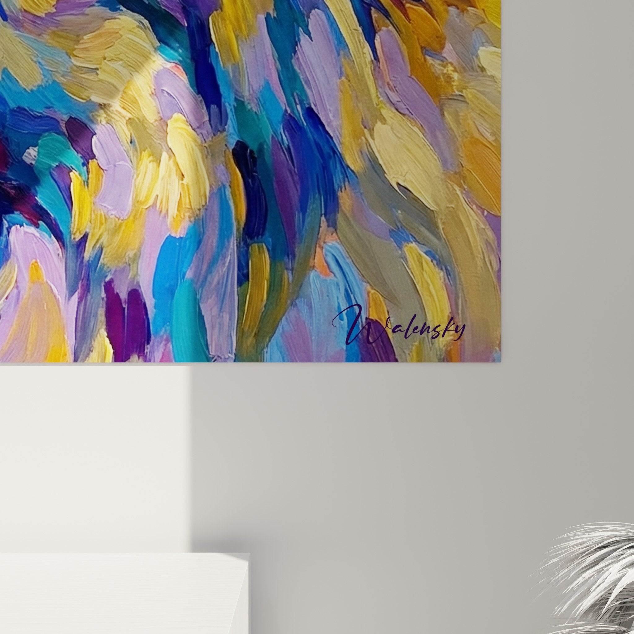 Vue d'ensemble tableau Keeshond multicolore, art mural décoratif couleurs vibrantes