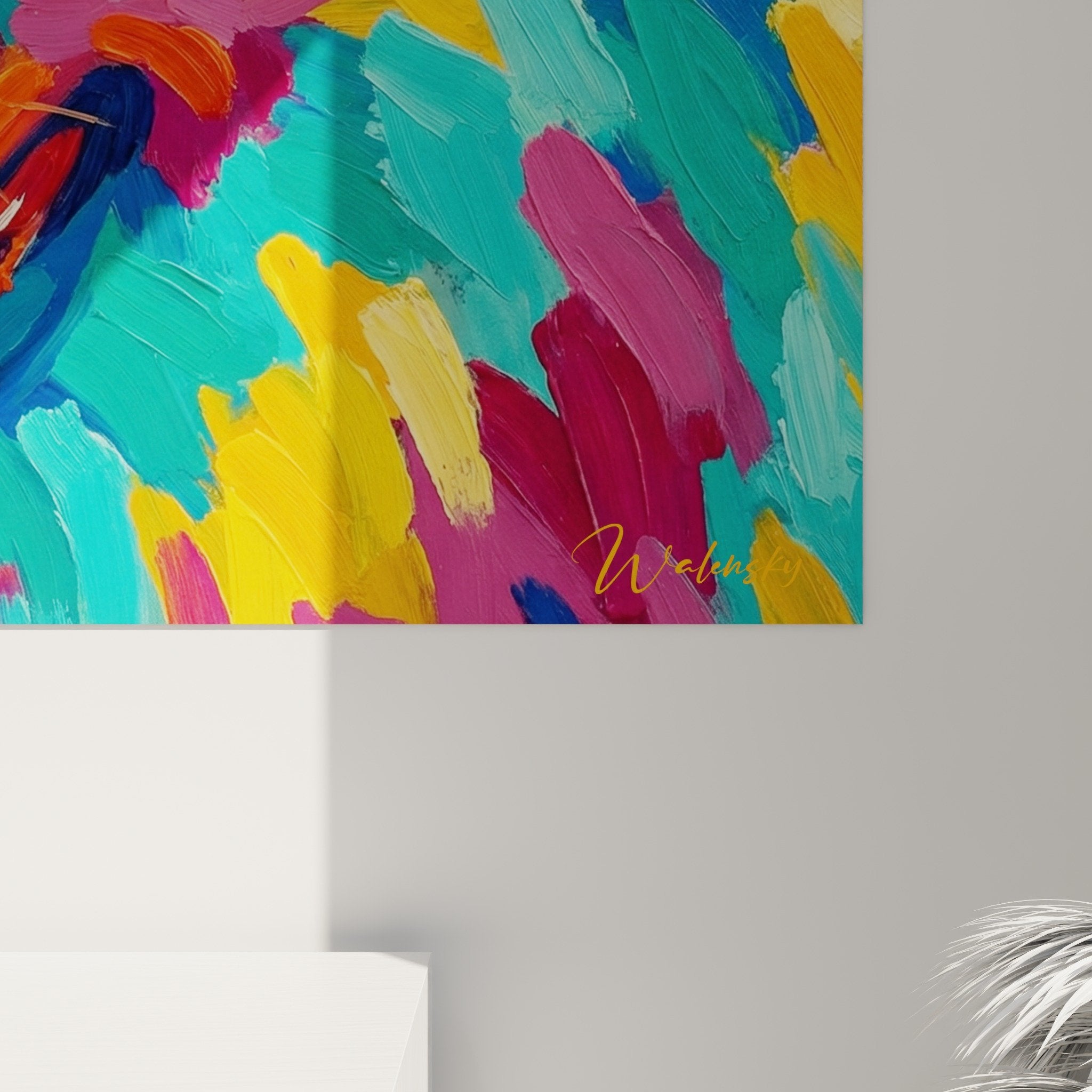 Vue d'ensemble tableau Keeshond coloré format horizontal toile moderne portrait chien souriant palette chromatique vive