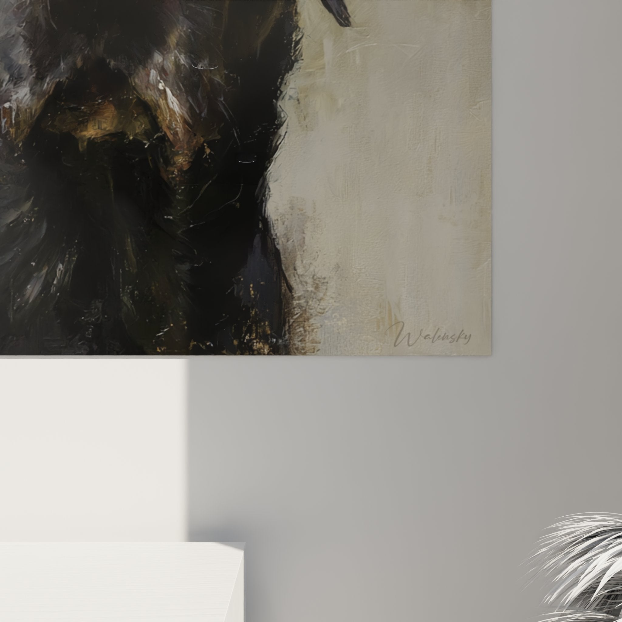 Overview of black labrador portrait on light wall, decorative integration in contemporary interior