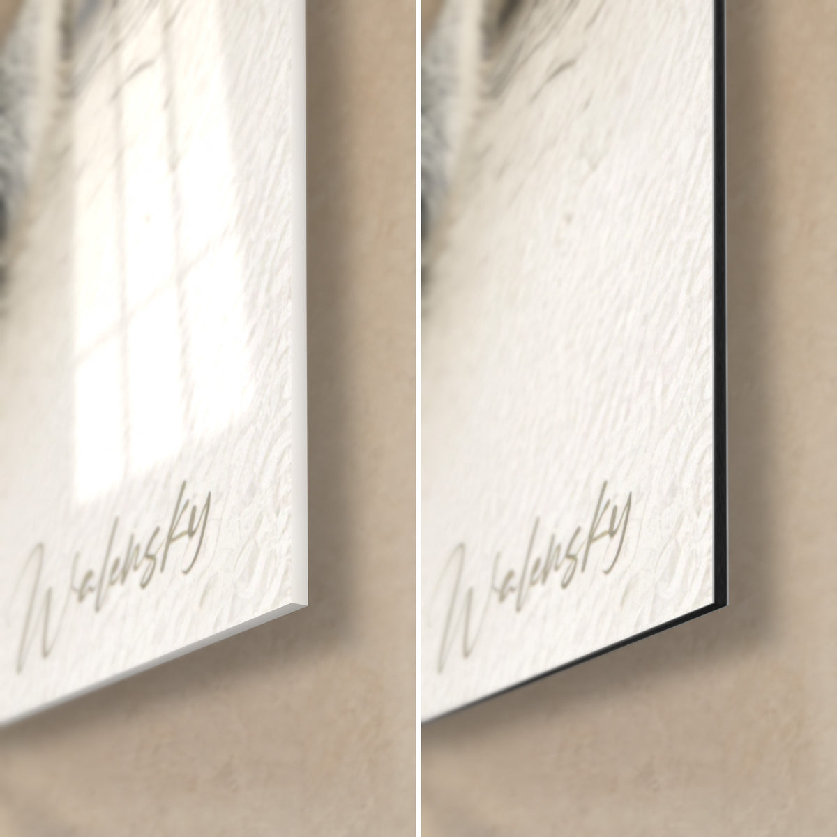 Cuadro retrato canino con los reflejos brillantes del cristal acrílico y el acabado mate del Dibond, canto negro de 3 mm, firma Walensky