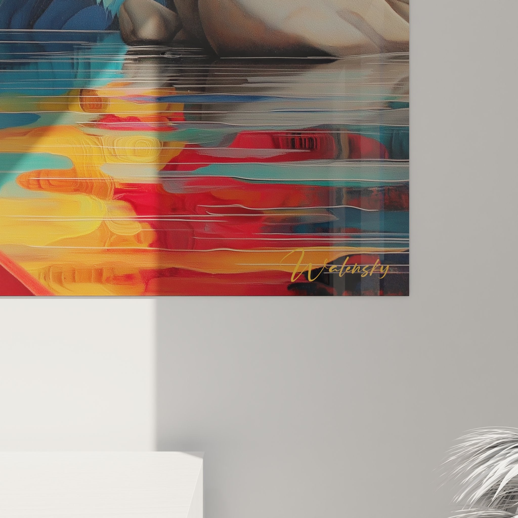 Vue ensemble tableau lac automne abstrait avec canoë rouge sur eau aux reflets multicolores