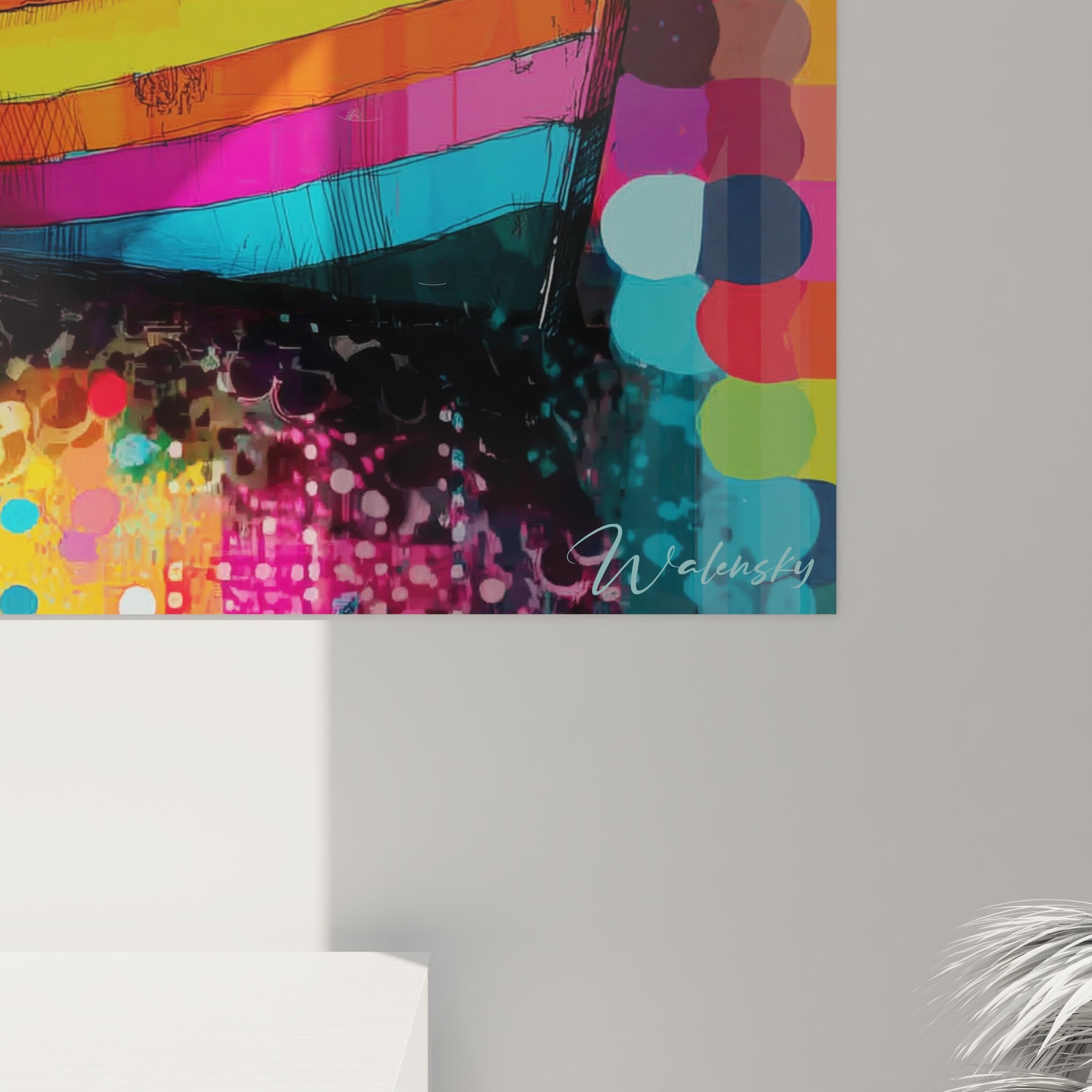 Übersicht Wandbild See bunte Boote zeitgenösslicher Pop-Art-Stil