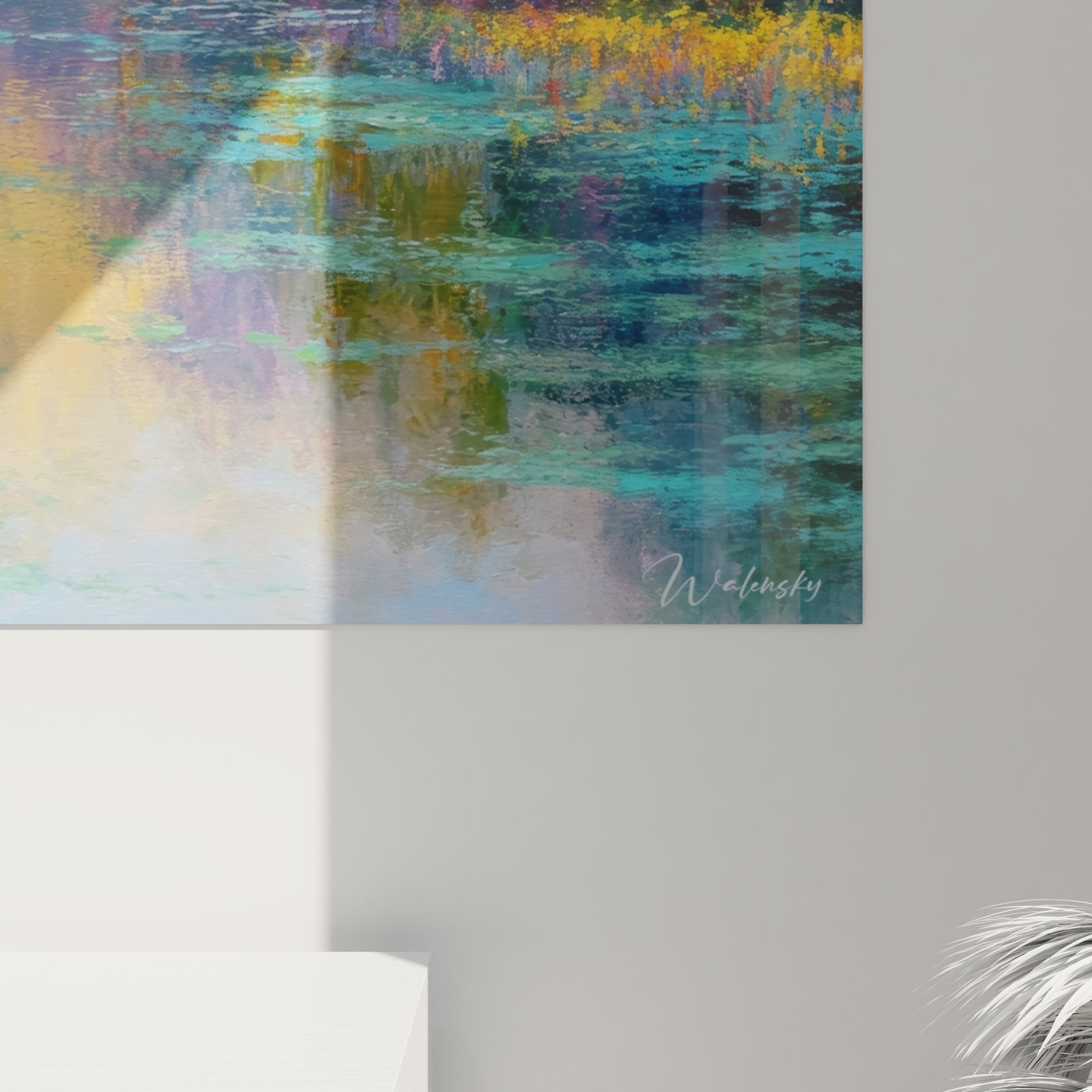 Vue ensemble tableau lac coucher soleil impressionniste décoration murale nature tons chauds apaisants