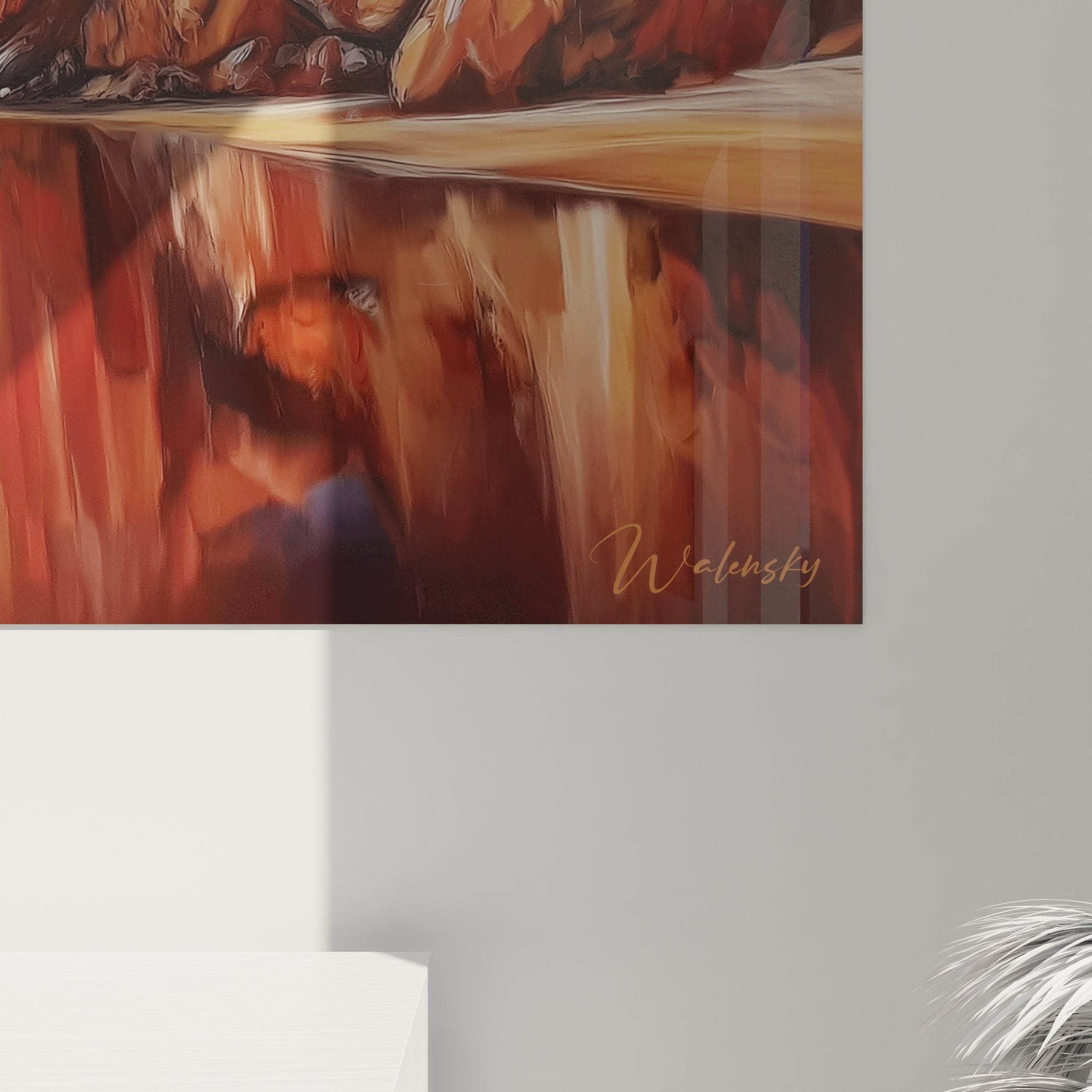 Vue d'ensemble tableau décoratif lac de montagne avec palette chaude rouge orange