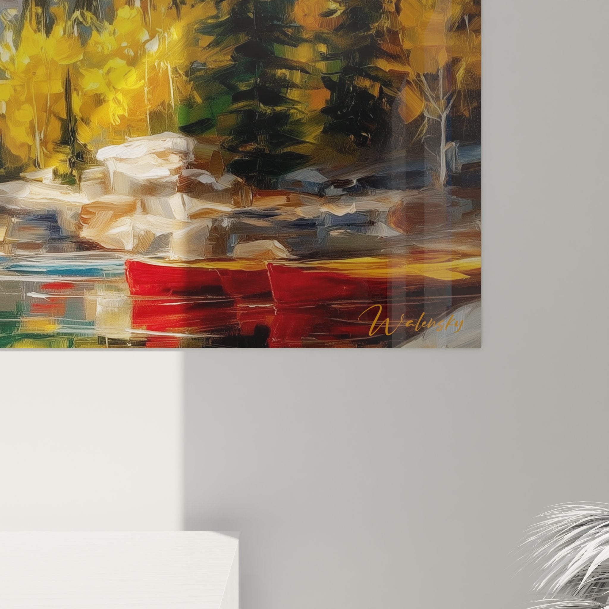 Vue ensemble tableau lac montagne automnal canoe rouge reflets dores paysage nature